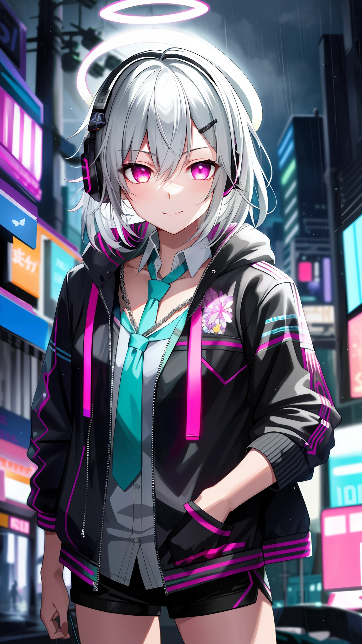 chromatic aberration, depth of field, soft lighting, masterpiece, best quality, intricate, tone mapped, highly detailed, artstation, concept art, smooth, sharp focus, dramatic lighting, highly detailed artwork, cinematic, hyper realistic painting, trending on Artstation, 8K, incredible shadows, realistic, (highly detailed background:1.0), A highly detailed portrait of a solo 1girl standing on a street corner, during a rainstorm with lightning strikes and a cloudy sky, neon and cyberpunk background, she is wearing punk clothes with silver chains and silver spikes, she has a butterfly wing hairclip in her wild hair, she has headphones and a necktie on, petite, detailed glowing red eyes with distinct pupils, ominous aura Halo, smile, punk, cyberpunk, backlighting