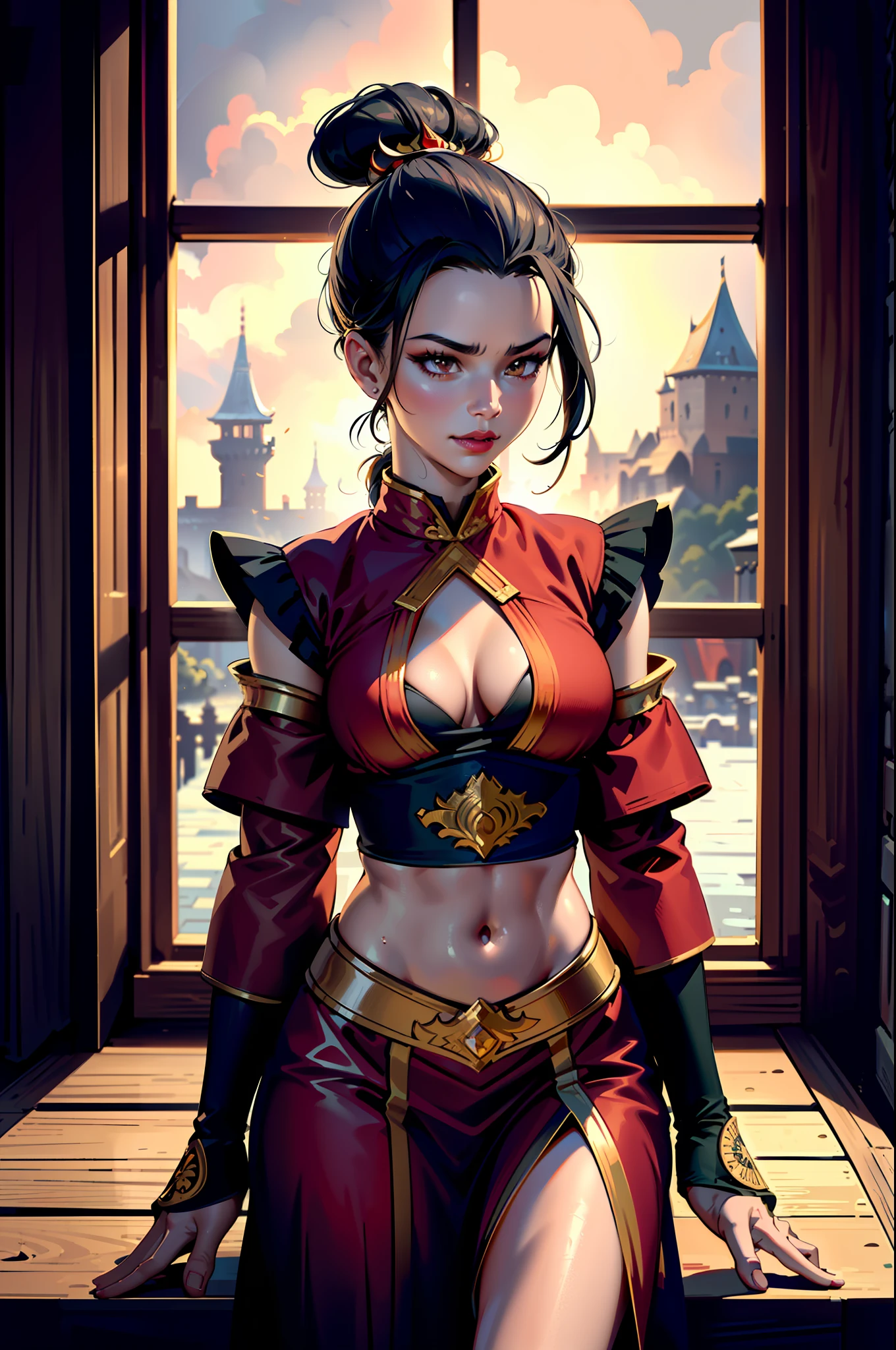 ultra-realistic 8k CG, masterpiece, ((ultra detailed background, fine drawing, intricate details, high detail, better quality fine details, hyper-detailed face)), (photorealistic: 1.4), beautiful lighting, absurdity, RAW photo, film grain, Azula, 1girl, solo, black hair, brown eyes, makeup, lipstick, red lips, single hair bun, navel, side strands, hair decoration, ((medium breasts, slim girl)), (open kimono)),  ((complex detailed background, inside, dim lighting, moody lighting, inside the castle, inside, medieval castle environment)), erotica, tattoo on the stomach