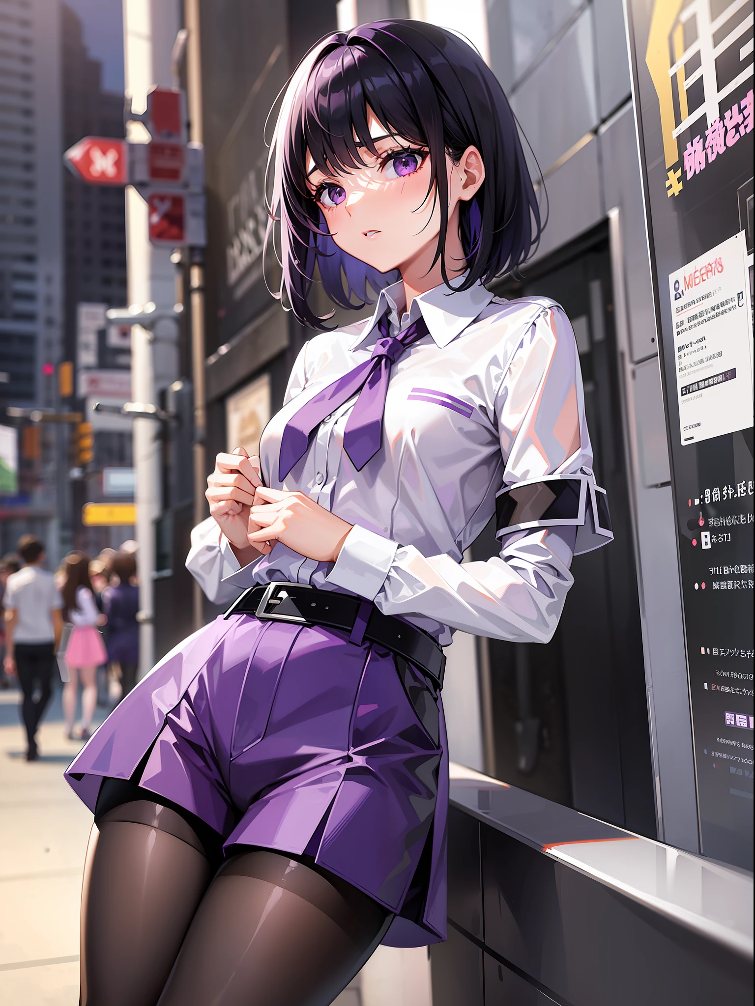 Black hair short, short purple clothes with white collar sleeves, purple shorts, white waist belt, color pantyhose, girl, outdoor