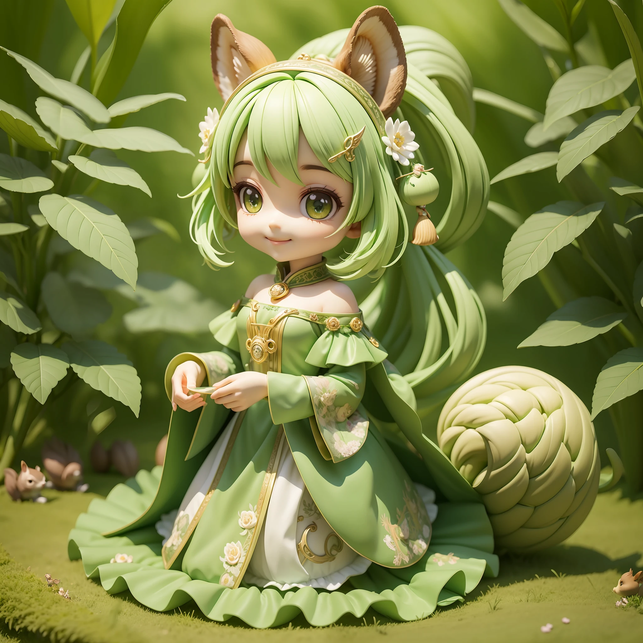 Masterpiece, Best Quality, Lots of Detail, (Full Body:1.2), Chibi, Plant Girl, Pale Green Hair, Magician Long Dress, Lively, Squirrel Ears, Squirrel Man, Squirrel Tail, Squirrel, Big Eyes, Smile, 3D Rendering, Q Print Style