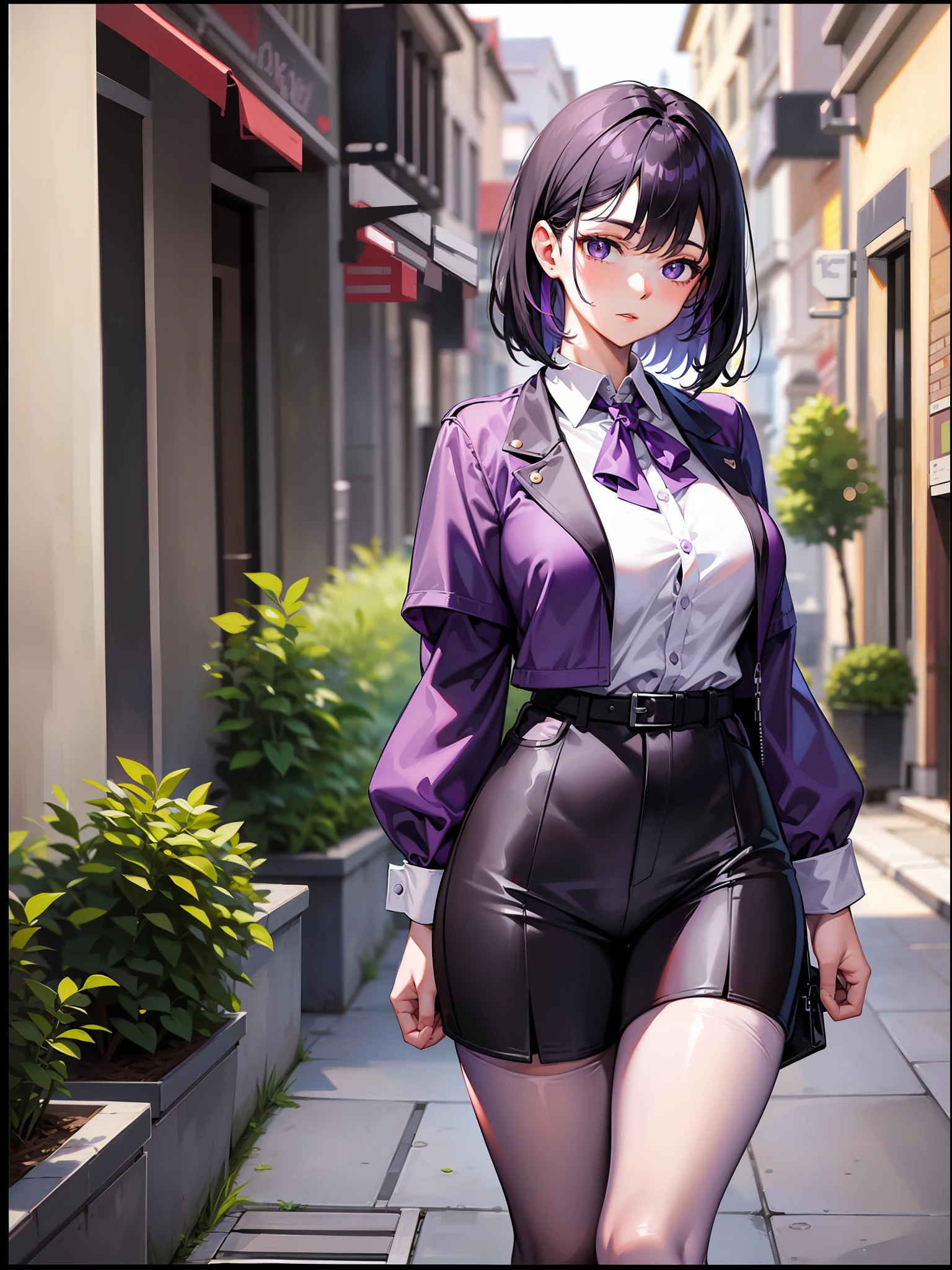 Black hair short, short purple clothes with white collar sleeves, purple shorts, white waist belt, color pantyhose, girl, outdoor