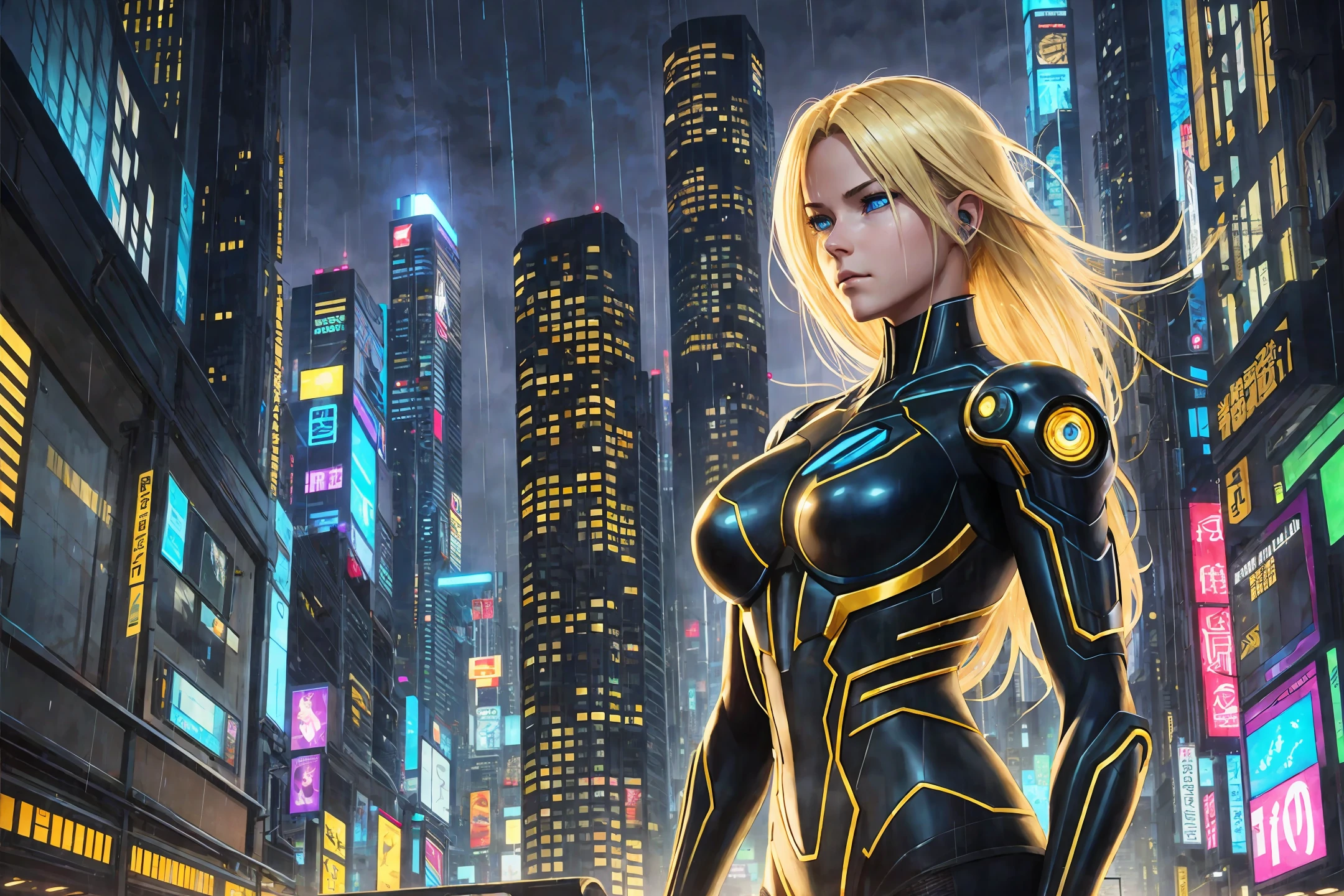 Realistic Detailed Beaultiful CyberPunk Woman, Blonde Hair, Blue Eyes, Perfect Athletic Body, Ghost in the Shell Golden and Black Suit, Night City Alley, Rainy Night Night --auto --s2