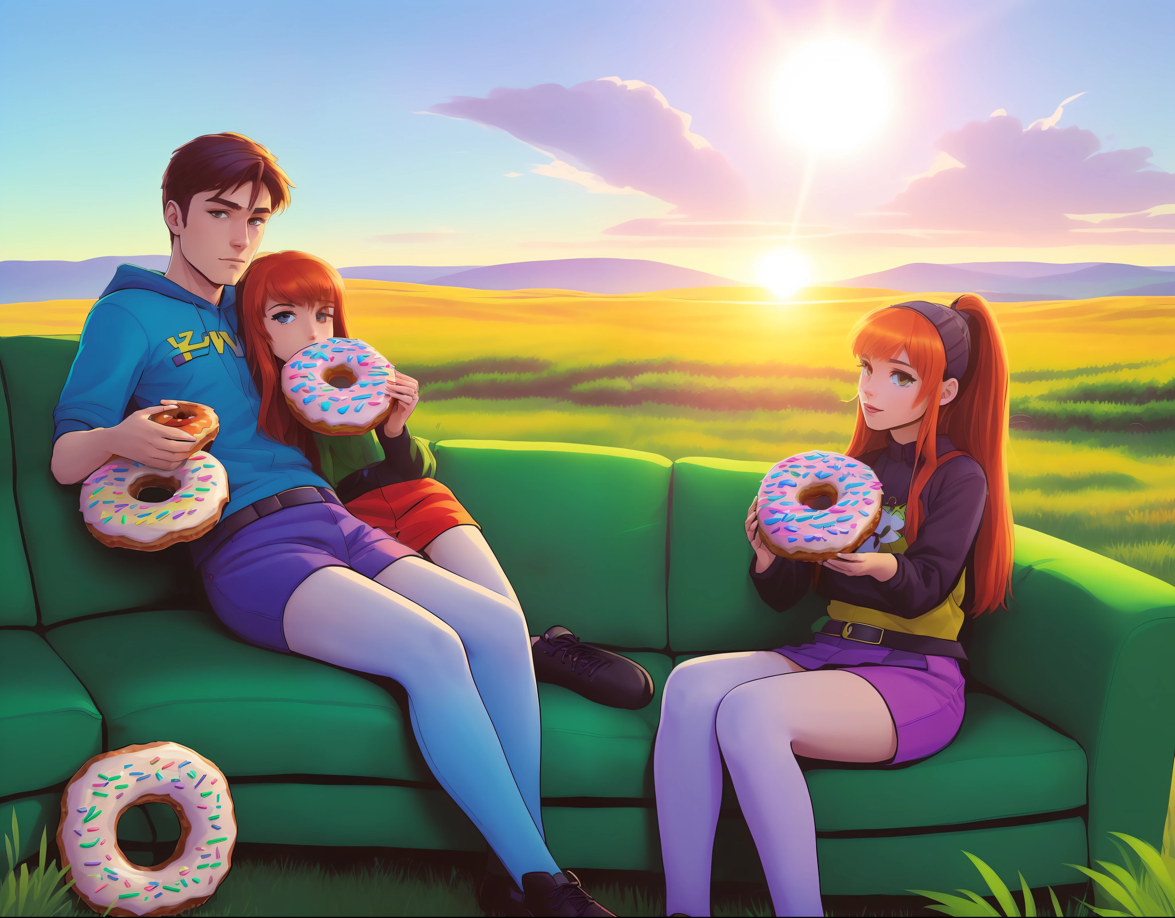 "(((comics, family, three people),(meadow and sofa),(eating donuts)),(Slav),[Derpibooru popular in:1.2],(8k)),(from Dechko Uzunov),(girl smoking), 🪔 🎨 ;(bright sun on the horizon),, 🌄 🦜🍀 )"