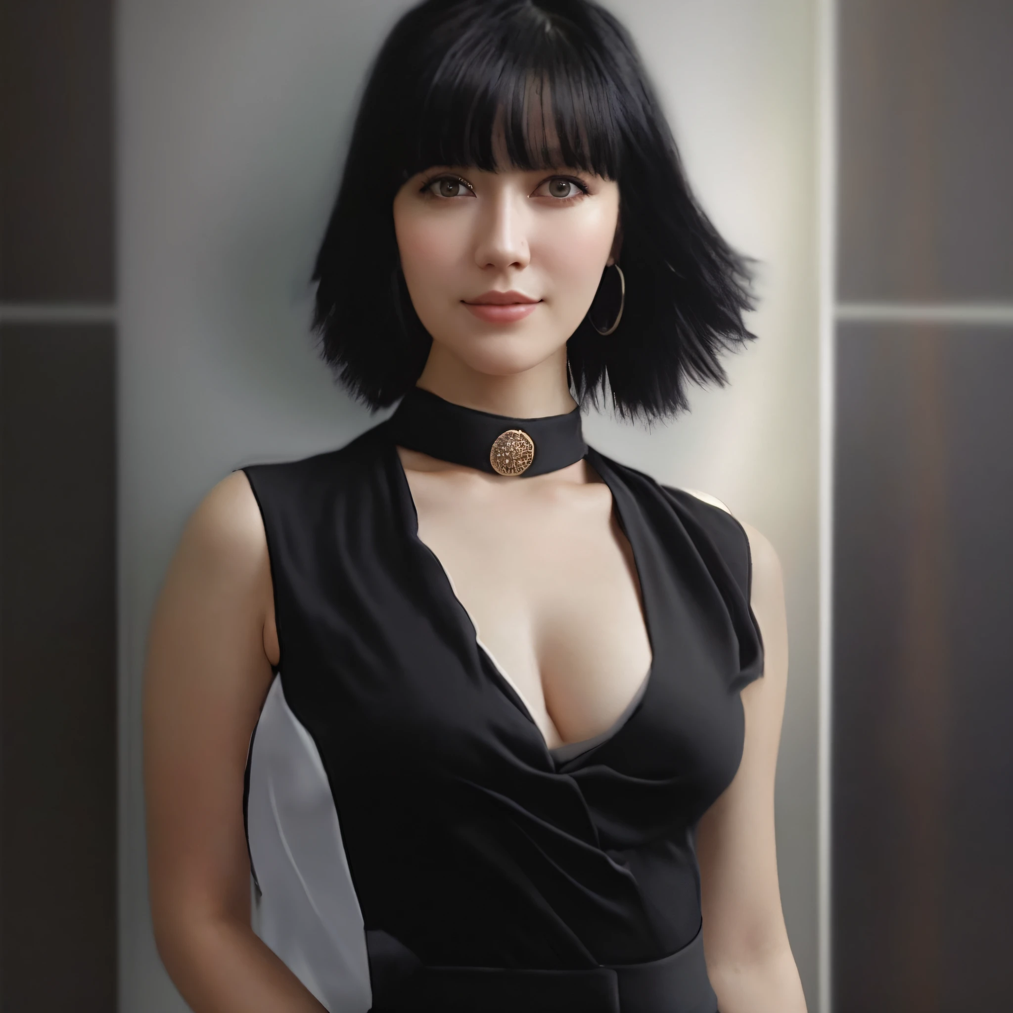 Ala Fed woman in a black dress posing for a photo, she has black hair with bangs, jet-black hair cyberpunk girl, Irina Noldsol Kuzmina, Mary Elizabeth Winstead, short black hair with bangs, Anastasia Ovchinnikova, Anna Nikonova aka New Milky, Olga Buzova, 8k portrait rendering, hybrid of Garga dots, Beautiful portrait, 8k
