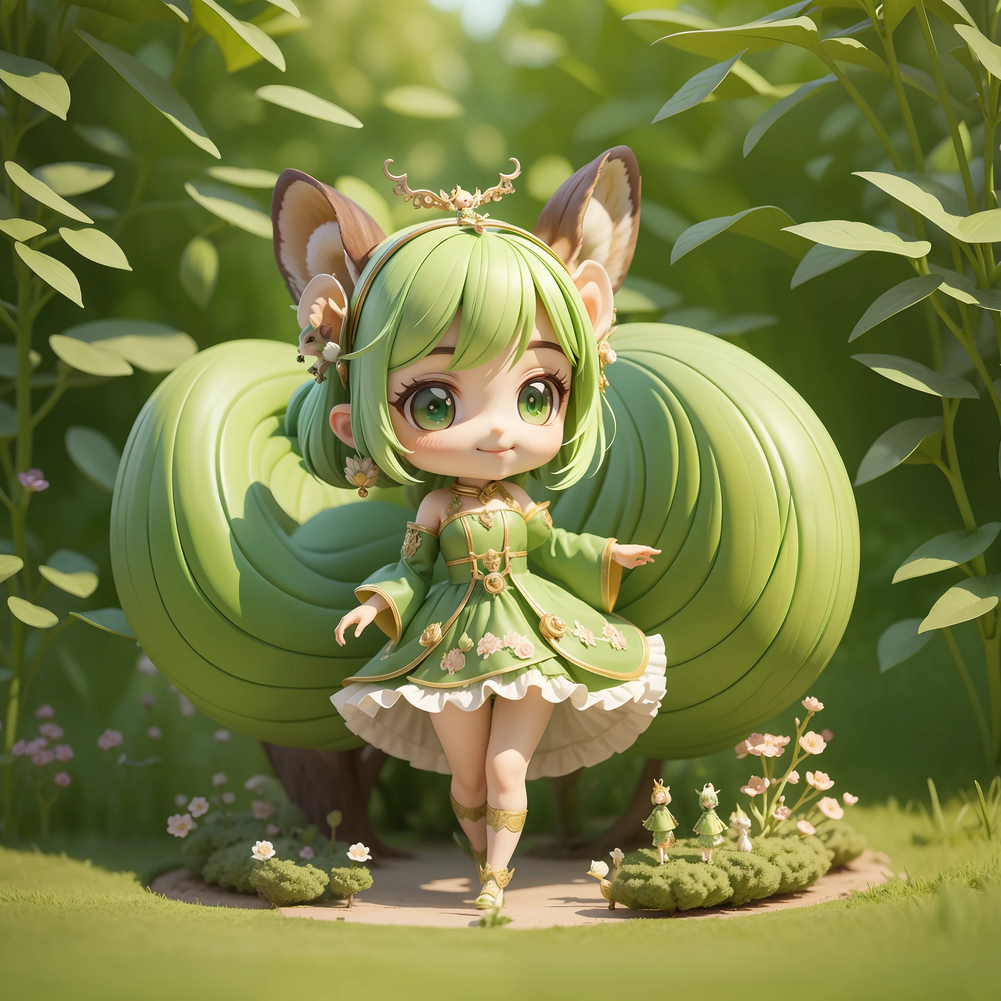 Masterpiece, Best Quality, Lots of Detail, (Full Body:1.2), Chibi, Plant Girl, Pale Green Hair, Magician Long Dress, Lively, Squirrel Ears, Squirrel Man, Squirrel Tail, Squirrel, Big Eyes, Smile, 3D Rendering, Q Print Style