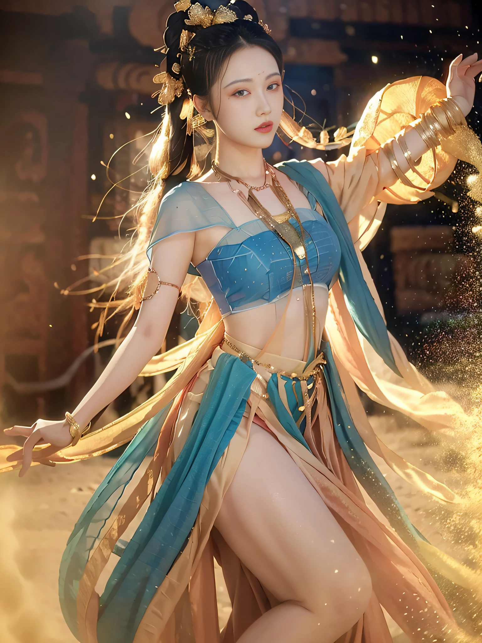 (8k, RAW photo, best quality, masterpiece:1.2), (realistic, photo-realistic:1.4), (extremely detailed CG unity 8k wallpaper), (1 girl:1.5), Western beauty, (blue clothes: 1.4), red spots on forehead, pale skin, blush, big eyes, full body, thighs, gold waist chain, gold jewelry, flying ribbons, particles, background is Loulan ancient city, ancient city walls, desert, details, dance, dunhuang_dress, dunhuang_style,