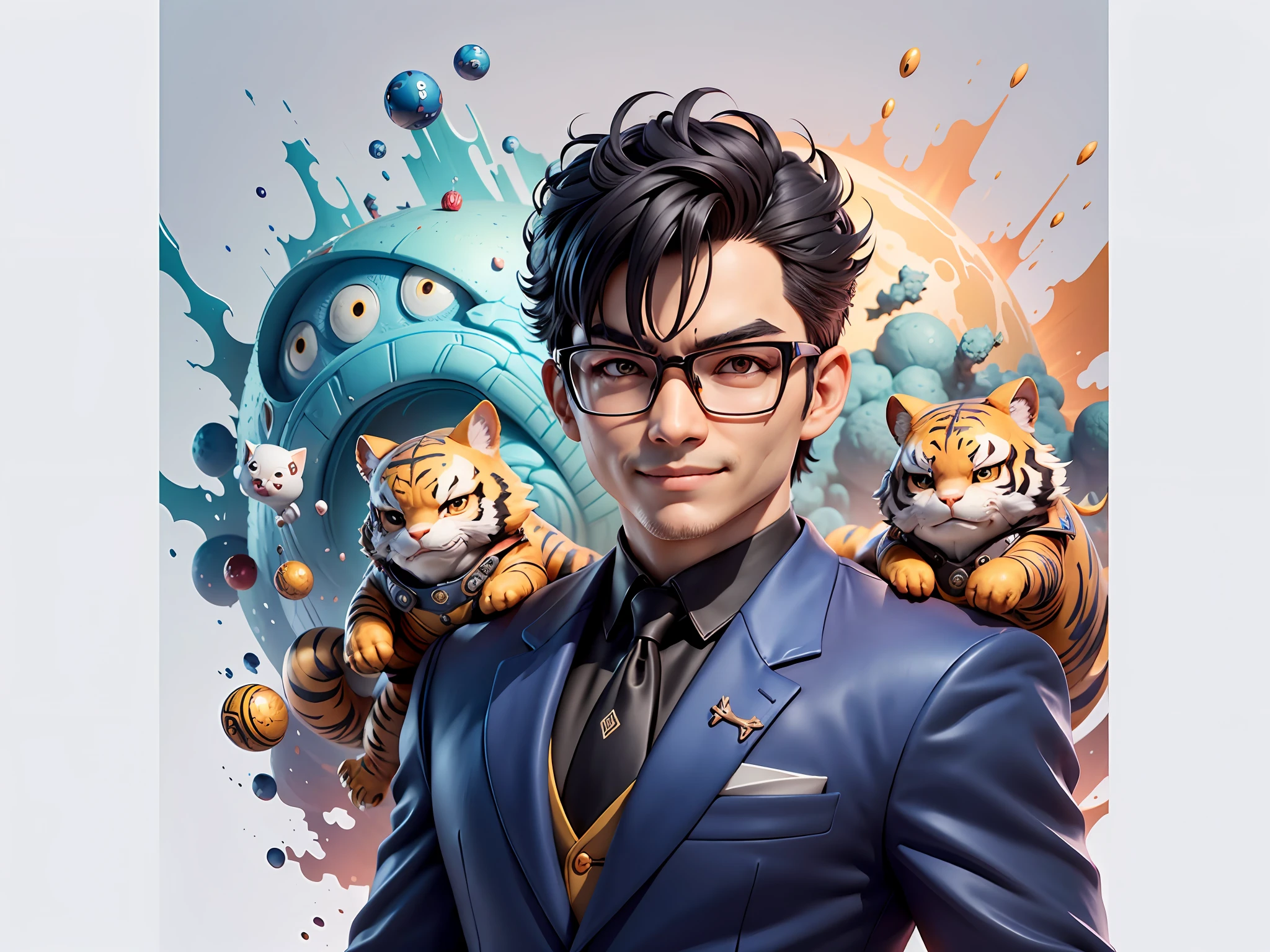 (Masterpiece), (Extreme Quality), (Super Meticulous), (Full Body: 1.2), Super Young Man, Chinese Dragon, Tiger, Wind God Thor, Sexy, Bursting, Oriental Face, TV Anchor, Bust Portrait Illustration, Black Formal Suit, Blue Tie, Slightly Chubby Face, Silver Glasses, Very Clean Face, No Beard on Chin, Black Super Short Hair, Black Eyes, Confident Smile, 3c Computer Sub-Products, iPad, iPhone, Digital Painting, 3D Character Design by Mark Claireden and Pixar and Hayao Miyazaki and Akira Toriyama, The illustration is a high-definition illustration in 4K resolution with very detailed facial features and cartoon-style visuals.