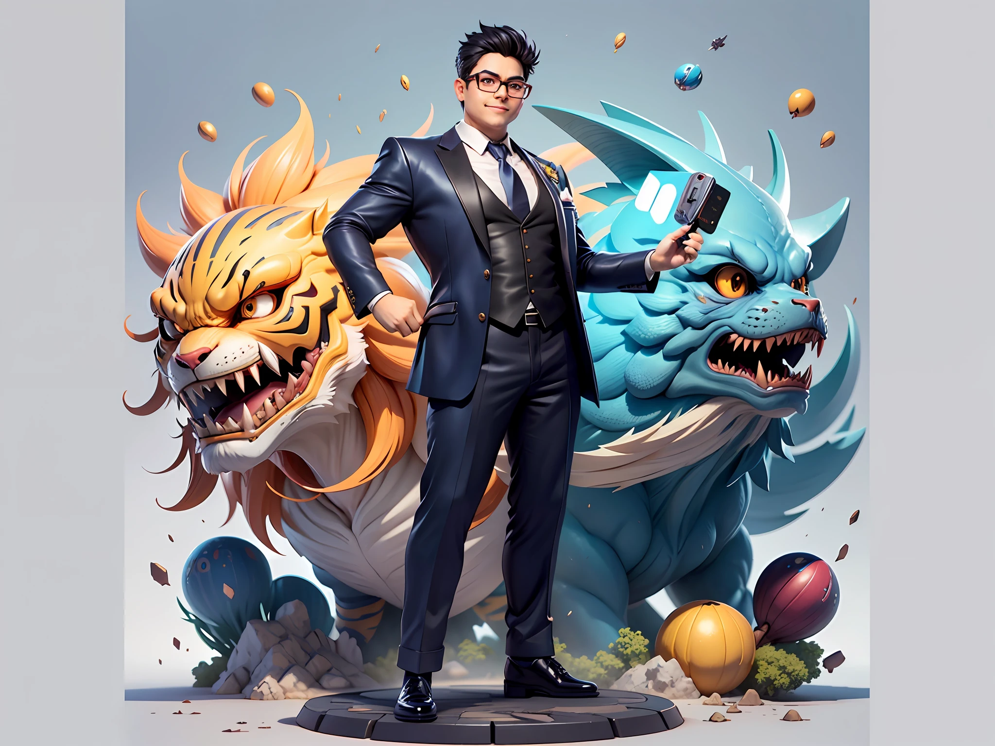 (Masterpiece), (Extreme Quality), (Super Meticulous), (Full Body: 1.2), Super Young Man, Chinese Dragon, Tiger, Wind God Thor, Sexy, Bursting, Oriental Face, TV Anchor, Bust Portrait Illustration, Black Formal Suit, Blue Tie, Slightly Chubby Face, Silver Glasses, Very Clean Face, No Beard on Chin, Black Super Short Hair, Black Eyes, Confident Smile, 3c Computer Sub-Products, iPad, iPhone, Digital Painting, 3D Character Design by Mark Claireden and Pixar and Hayao Miyazaki and Akira Toriyama, The illustration is a high-definition illustration in 4K resolution with very detailed facial features and cartoon-style visuals.