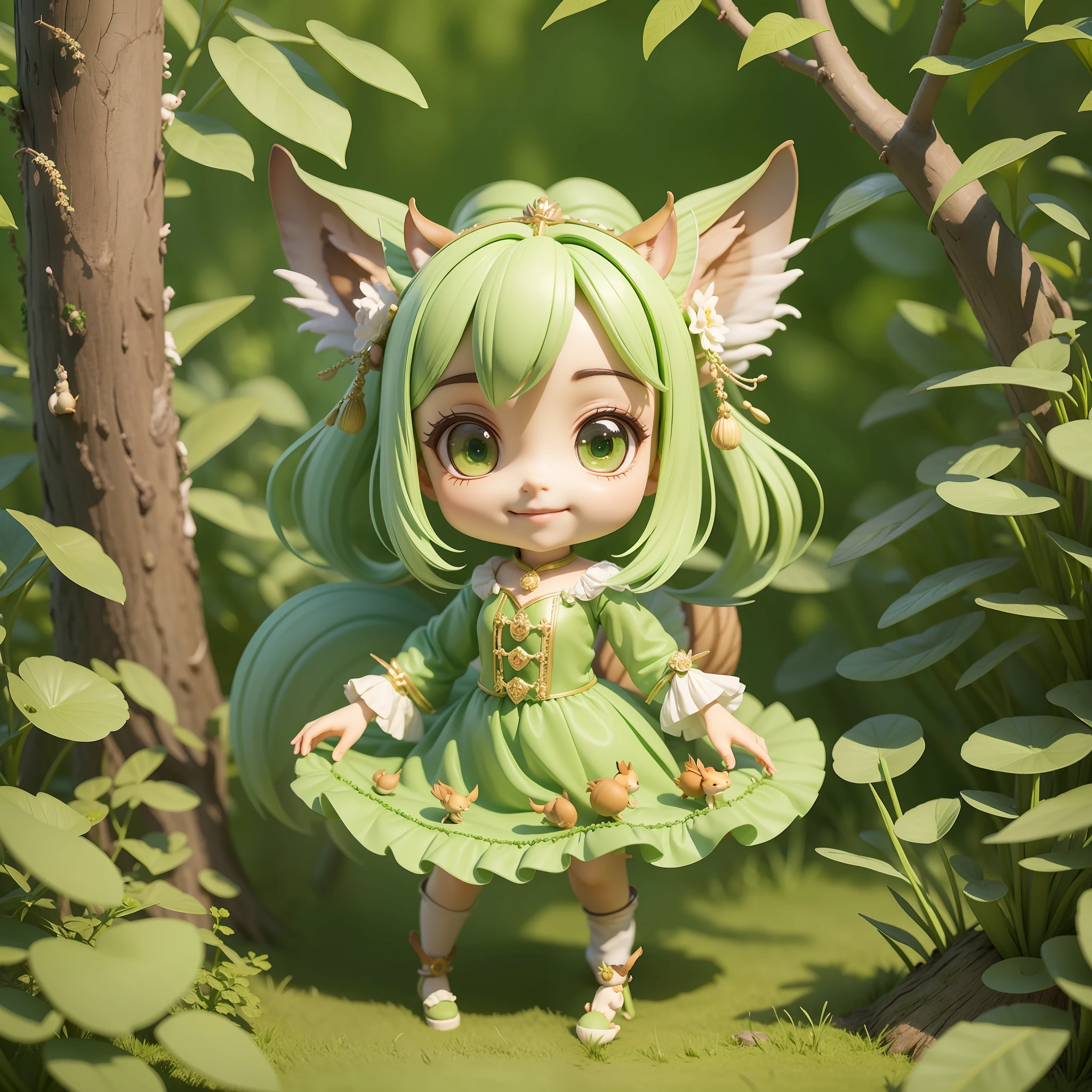 Masterpiece, Best Quality, Lots of Detail, (Full Body:1.2), Chibi, Plant Girl, Pale Green Hair, Magician Long Dress, Lively, Squirrel Ears, Squirrel Man, Squirrel Tail, Squirrel, Big Eyes, Smile, 3D Rendering, Q Print Style