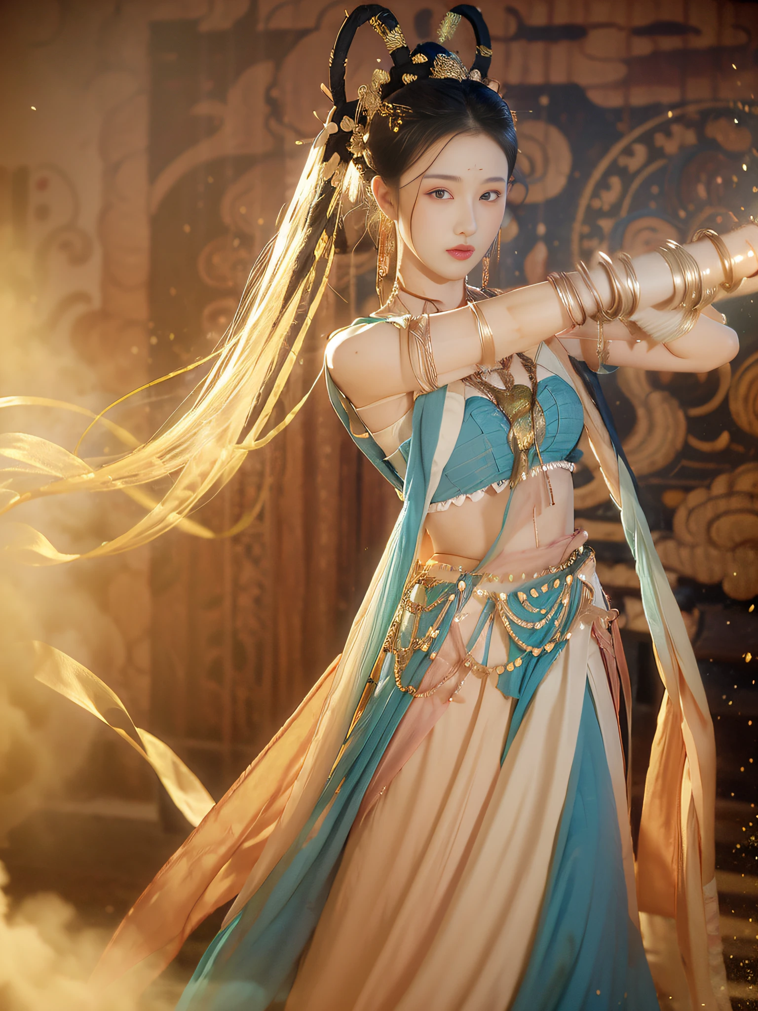 (8k, RAW photo, best quality, masterpiece:1.2), (realistic, photo-realistic:1.4), (extremely detailed CG unity 8k wallpaper), (1 girl:1.5), Western beauty, (blue clothes: 1.4), red spots on forehead, pale skin, blush, big eyes, full body, thighs, gold waist chain, gold jewelry, flying ribbons, particles, background is Loulan ancient city, ancient city walls, desert, details, dance, dunhuang_dress, dunhuang_style,