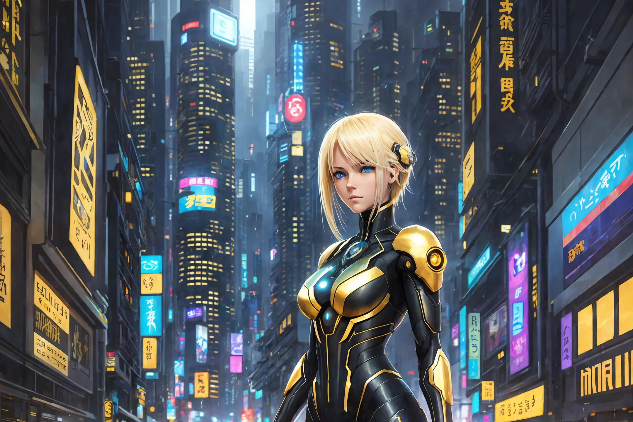 Realistic Detailed Beaultiful CyberPunk Woman, Blonde Hair, Blue Eyes, Perfect Athletic Body, Ghost in the Shell Golden and Black Suit, Night City Alley, Rainy Night Night --auto --s2
