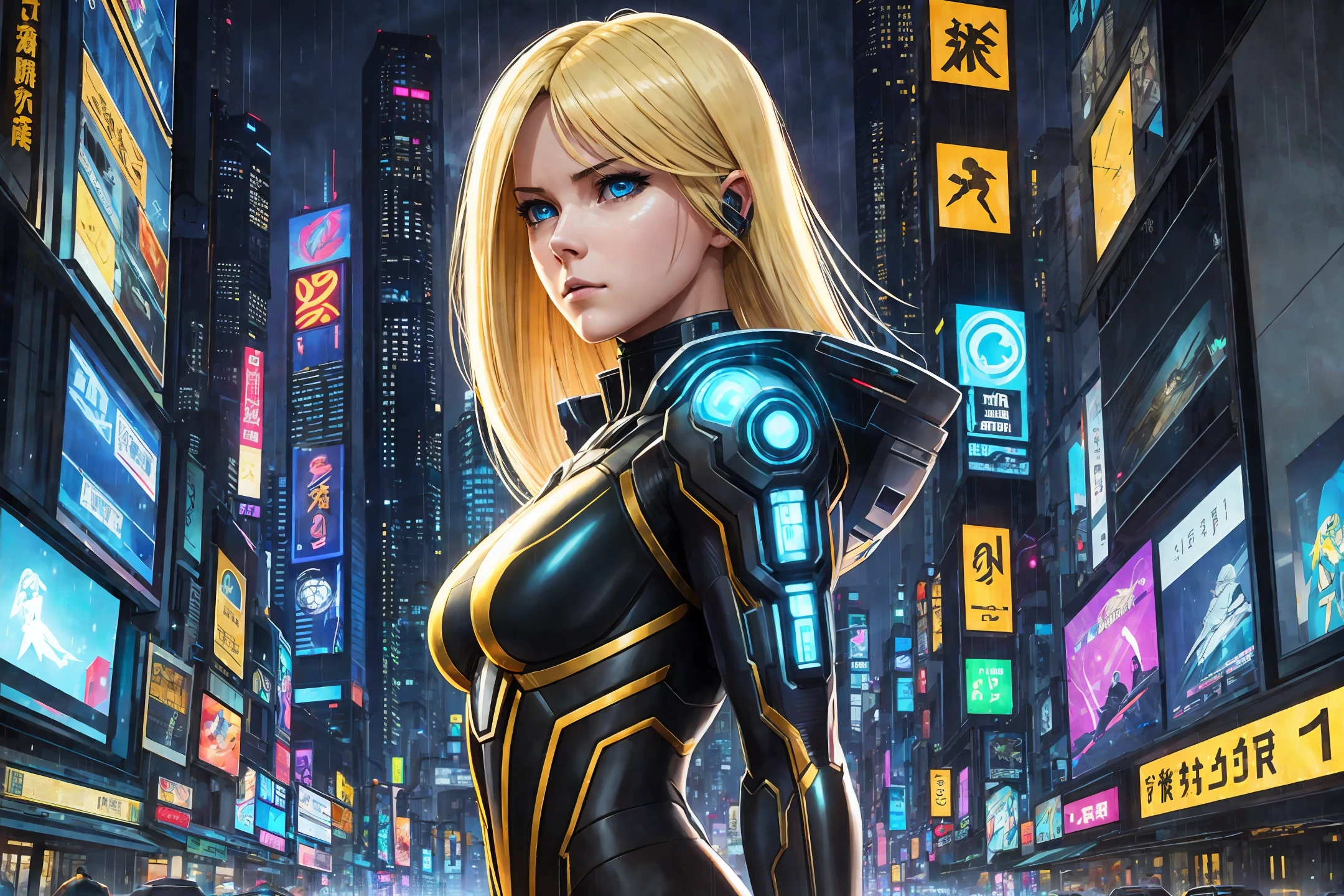 Realistic Detailed Beaultiful CyberPunk Woman, Blonde Hair, Blue Eyes, Perfect Athletic Body, Ghost in the Shell Golden and Black Suit, Night City Alley, Rainy Night Night --auto --s2