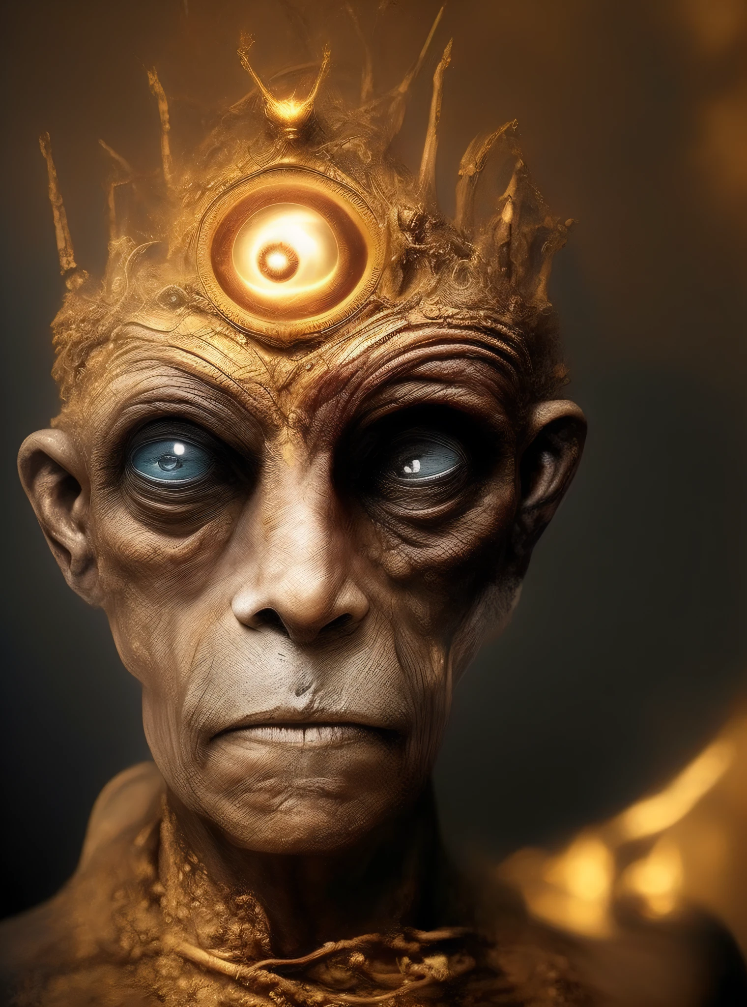 a close up of a person with a crown on their head, ancient alien portral, portrait of a humanoid alien, alien god, face of a alien deity, the annunaki making humans, cyborg hindu godbody, by tomasz alen kopera, tomasz alen kopera and cgsociety, solarpunk human, india tika third eye --auto --s2