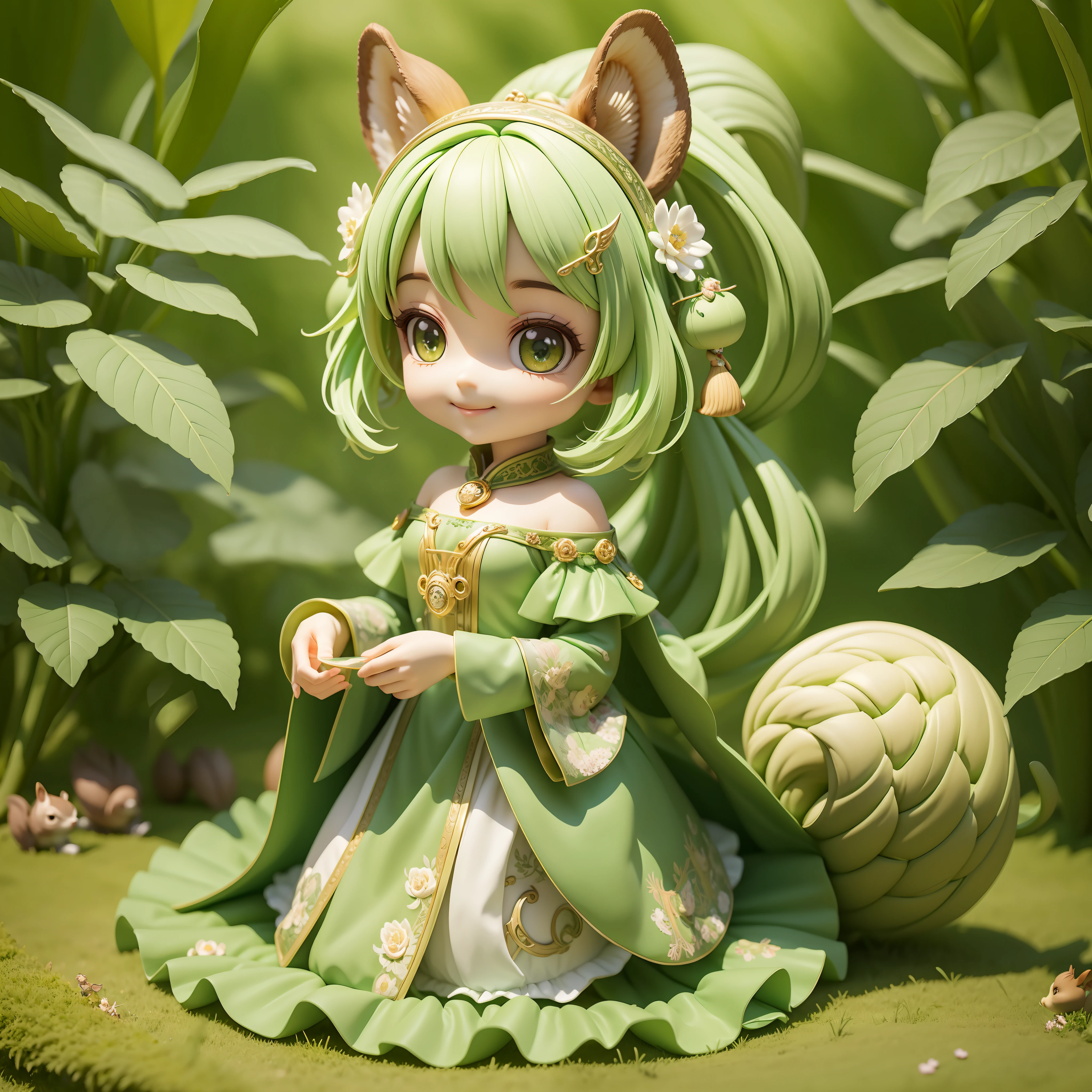 Masterpiece, Best Quality, Lots of Detail, (Full Body:1.2), Chibi, Plant Girl, Pale Green Hair, Magician Long Dress, Lively, Squirrel Ears, Squirrel Man, Squirrel Tail, Squirrel, Big Eyes, Smile, 3D Rendering, Q Print Style