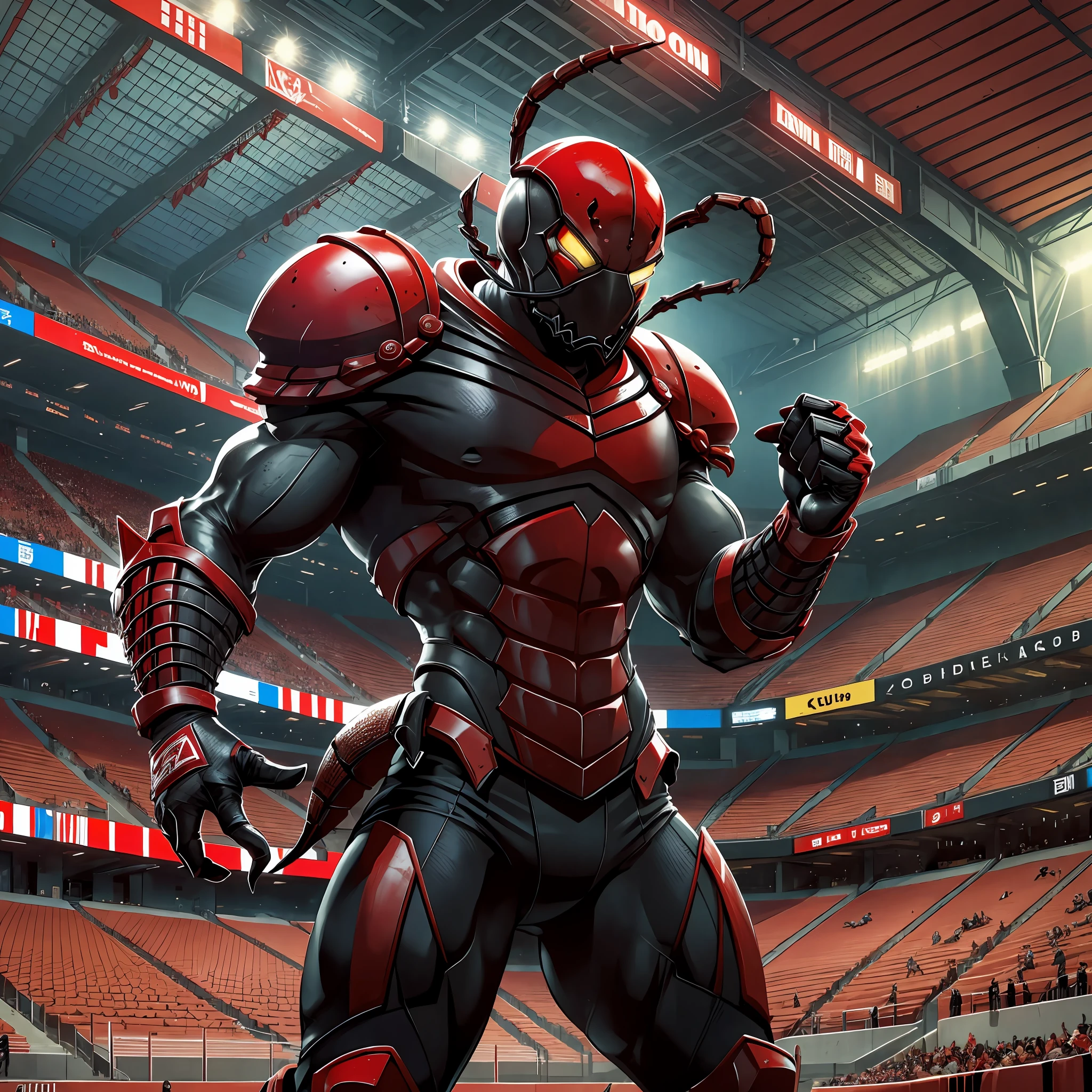 Scorpion in red and black, inside a football stadium, many fans in the stands. --auto --s2