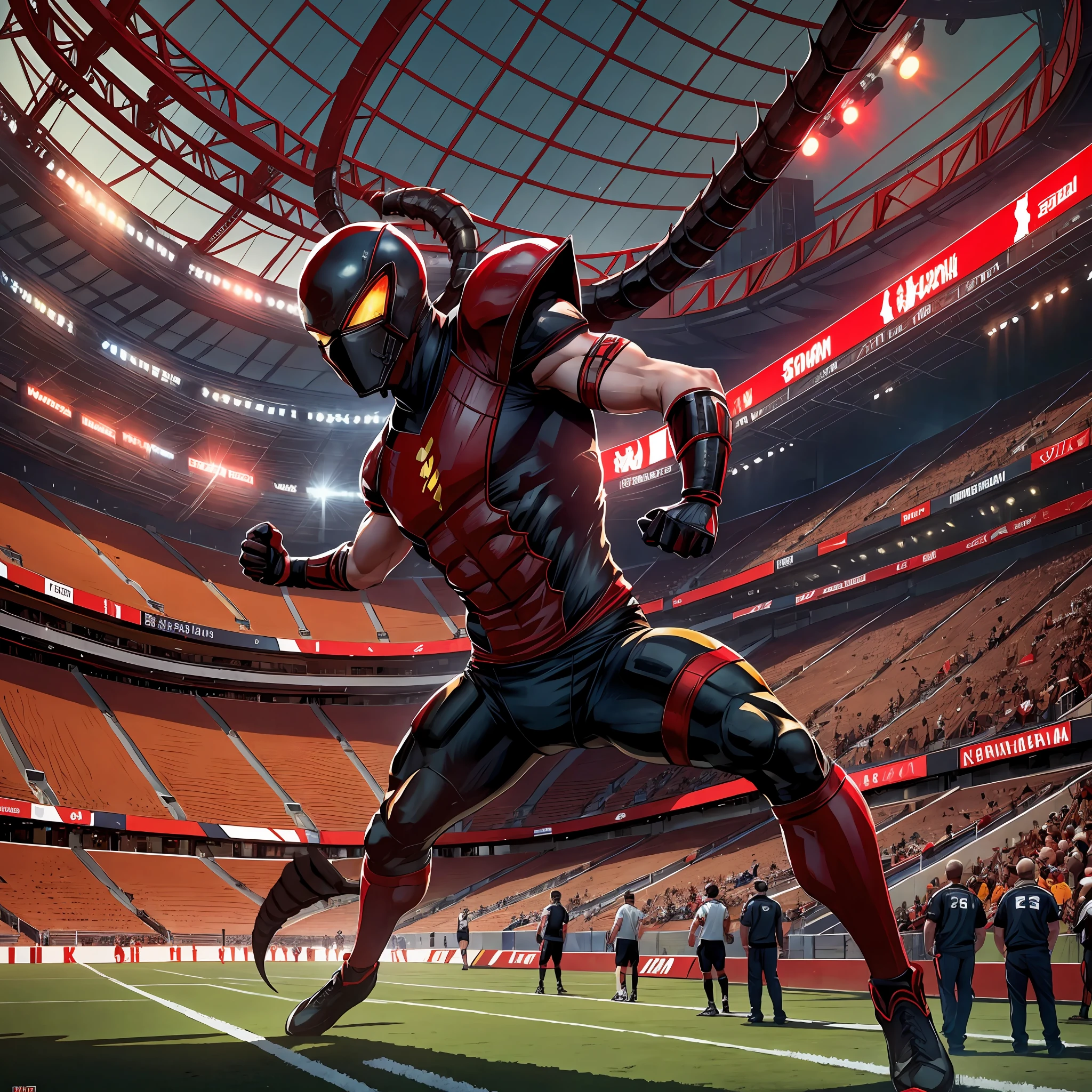 Scorpion in red and black, inside a football stadium, many fans in the stands. --auto --s2