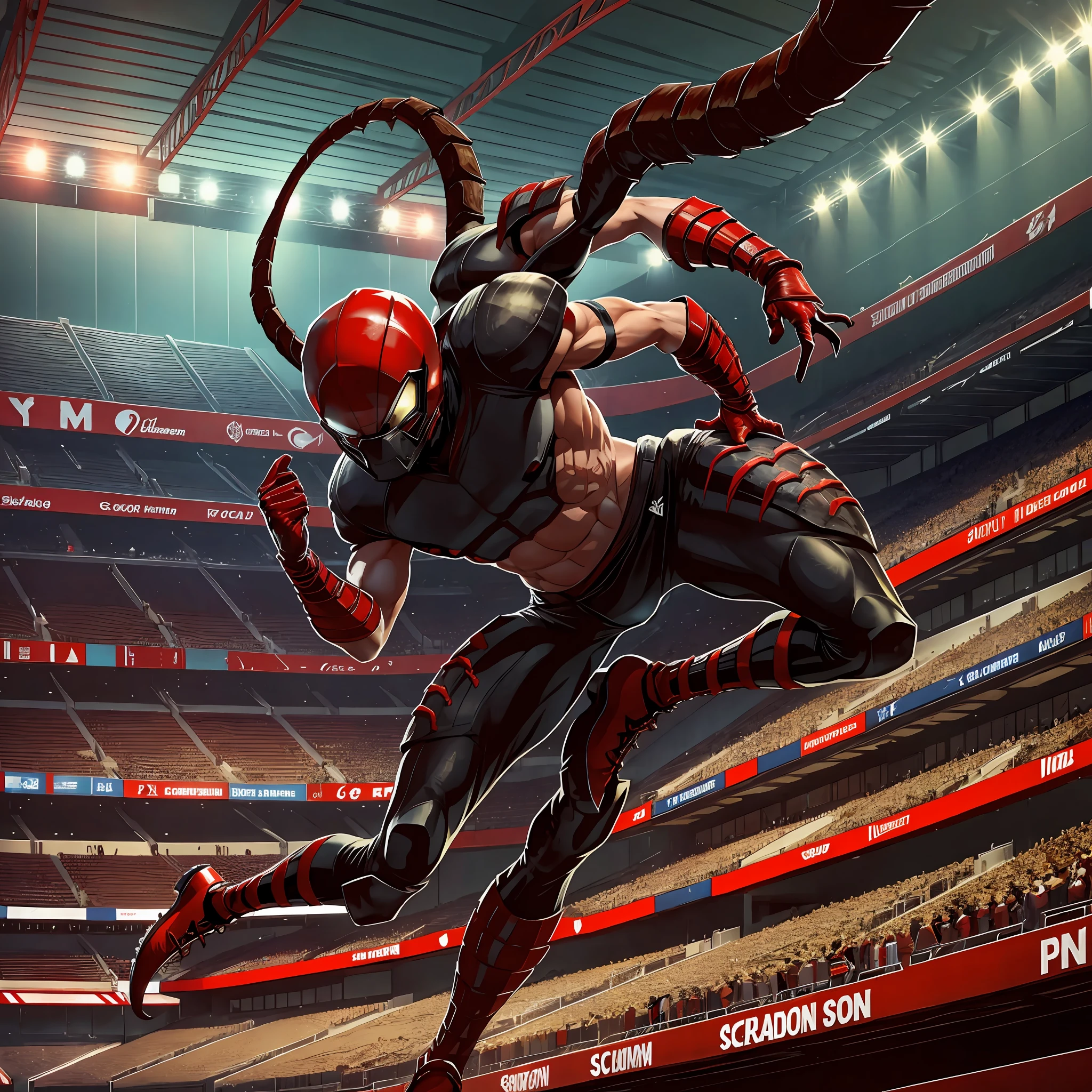 Scorpion in red and black, inside a football stadium, many fans in the stands. --auto --s2