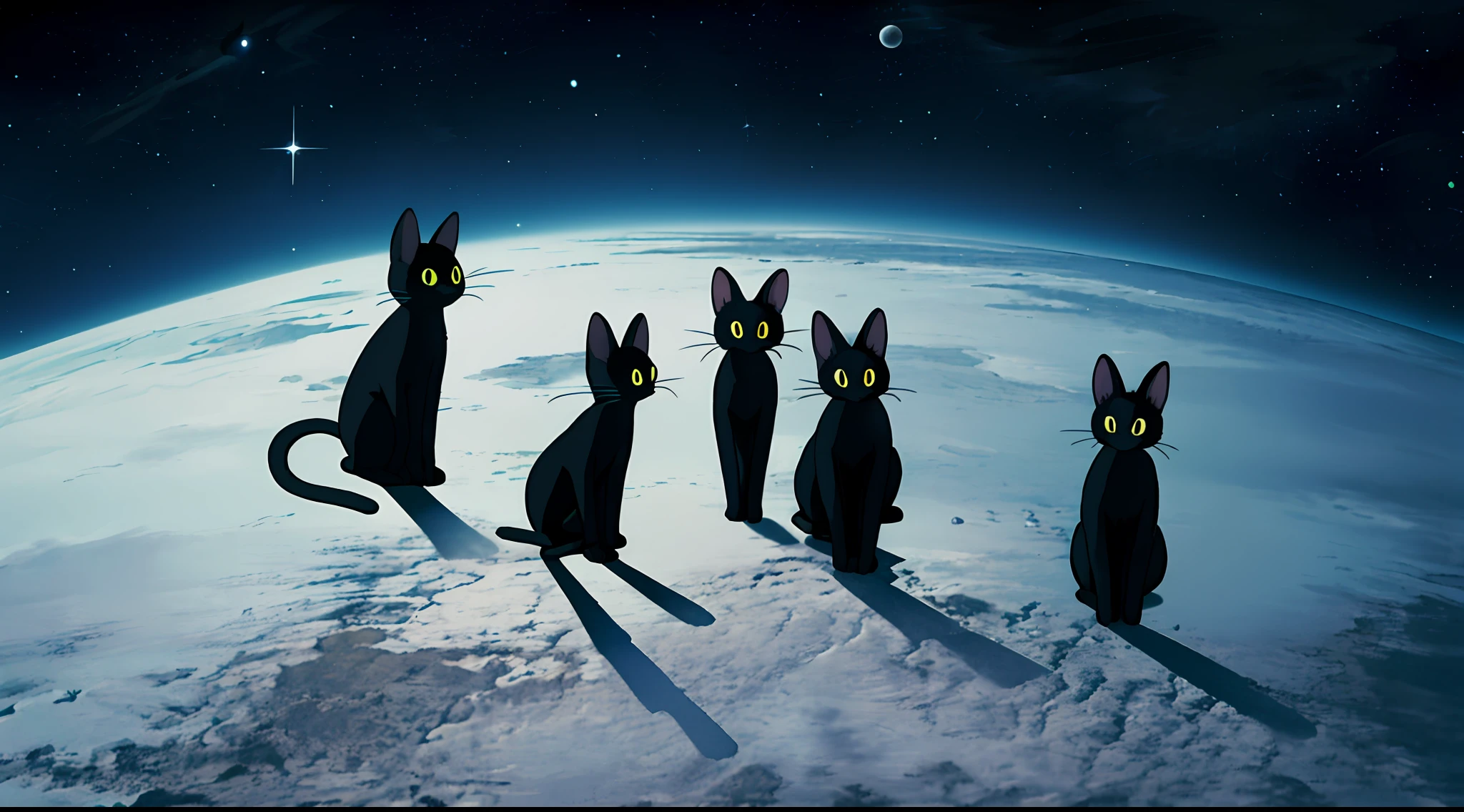 Black cat on Space, Celestial, Earth behind, all planets around, highly detailed, attention to the smallest details