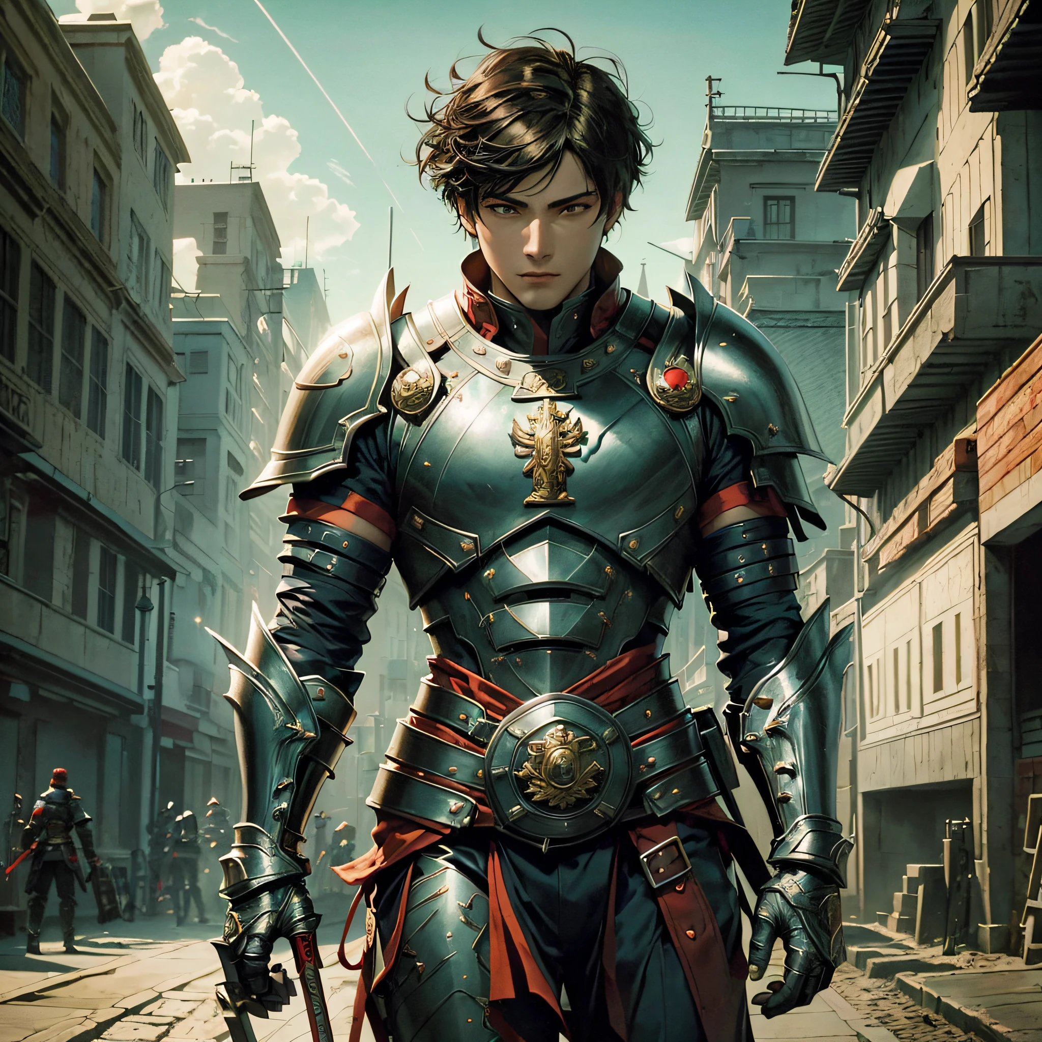 There is a man in armor walking down a street with a sword, female Paladin image, Paladin Costume, Boy in knight armor, Male Paladin, Portrait of male Paladin, A male Paladin man, Attractive male with armor, Male knight, Fantasy warrior in full armor, Male Paladin, Mistborn steel Inquisitor, holding sword with red blade