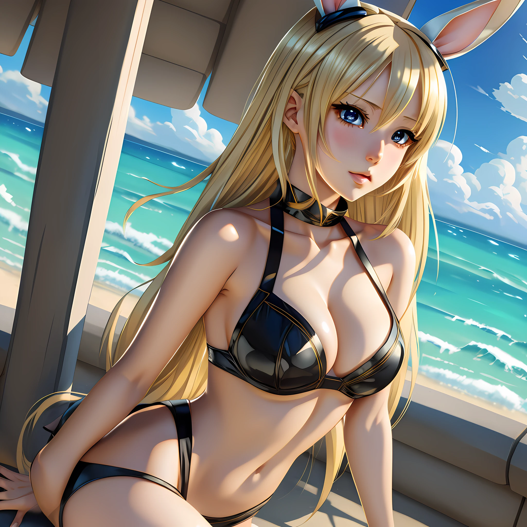 a woman in bunny ears is sitting on the beach, seductive anime girl, beautiful alluring anime woman, extremely detailed artgerm, artgerm. anime illustration, beautiful anime woman, beautiful anime girl, attractive anime girl, artgerm on artstation pixiv, detailed digital anime art, blonde anime girl with long hair, like artgerm