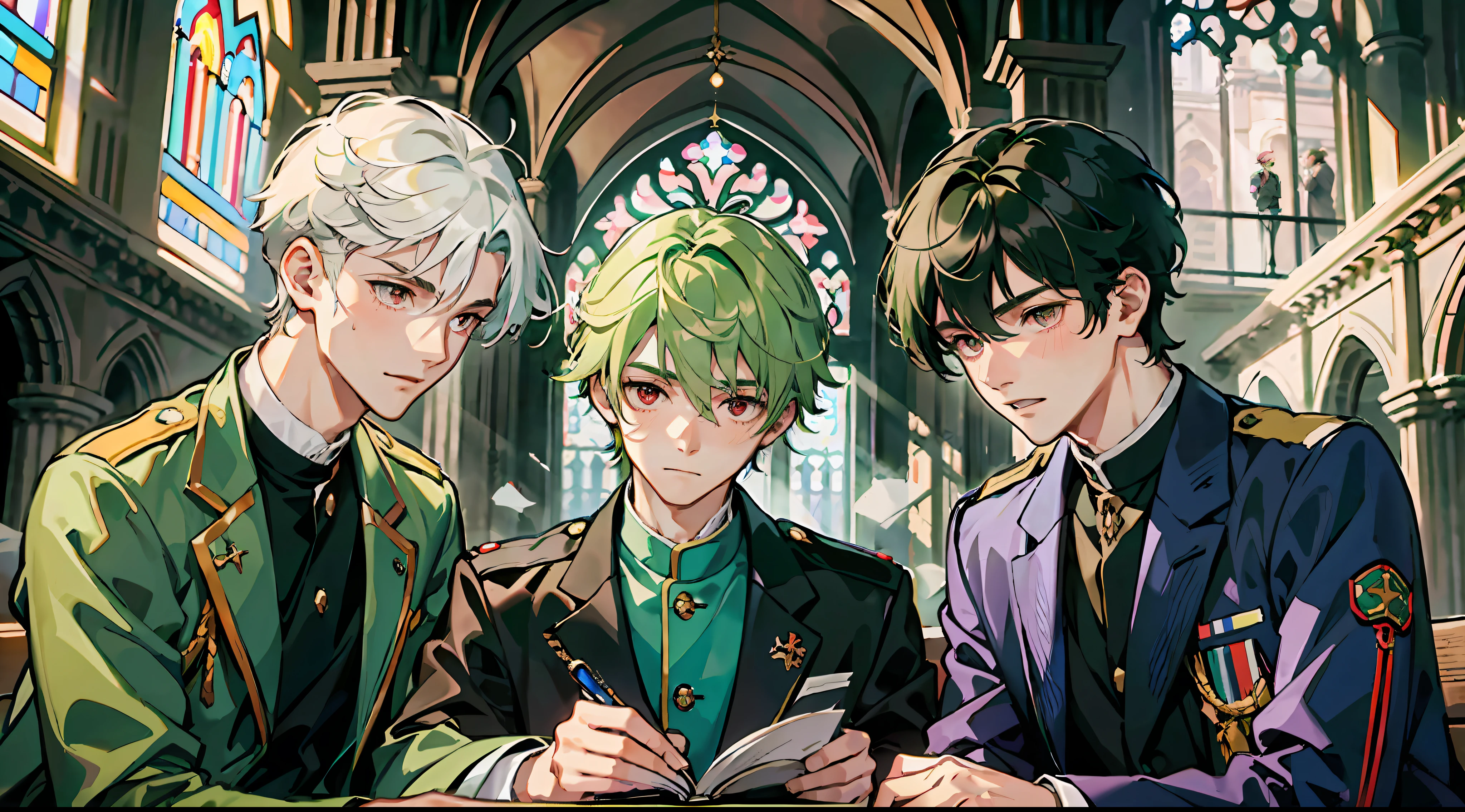 (Masterpiece: 1.4, highest quality), two young men facing each other in a church, and
 2 young men, very cute and cool, with best image quality, (Cool young man in black military uniform with very short blonde hair and red eyes: 1.2), and 2 young men, very cute and cool, with best image quality (cute young man and white clergy robe with green hair and big eyes: 1.2), dynamic pose, blush