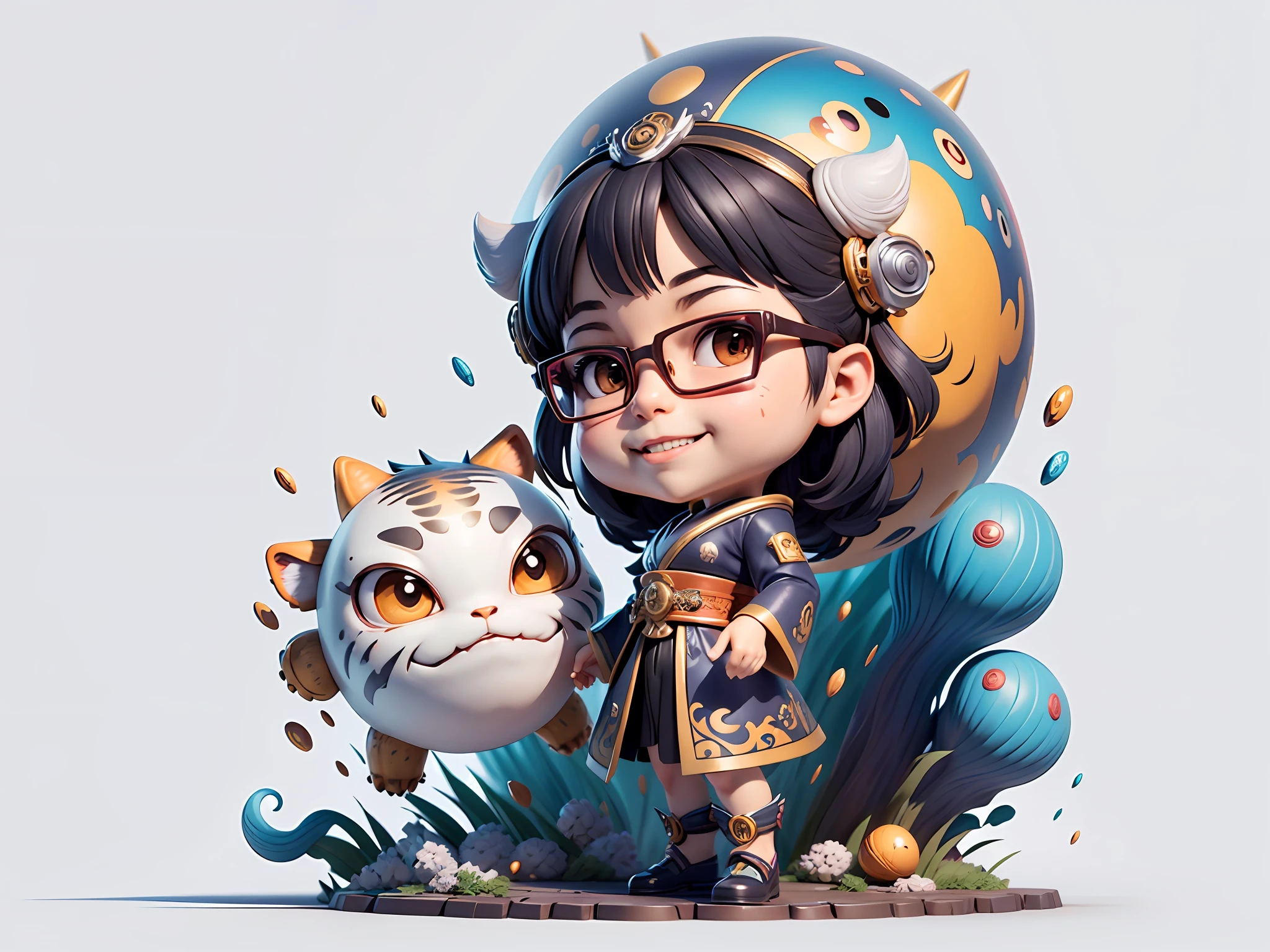 (Masterpiece), (Excellent), (Super Meticulous), (Full Body: 1.2), Super Young Woman, Japanese Geisha, Beauty, Chinese Dragon, Tiger, Wind God Thor, Sexy, Bursting, Oriental Face, TV Anchor, Bust Portrait Illustration, Alone, Black Suit, Blue Tie, Slightly Chubby, Very Clean Face, Silver Glasses, Black Super Short Hair, Black Eyes, Confident Smile, 3c Computer Sub-Products, iPad, iPhone, Digital Painting, 3D character design by Mark Clairedon and Pixar and Hayao Miyazaki and Akira Toriyama, the illustrations are HD illustrations in 4K resolution with highly detailed facial features and cartoon-style visuals.