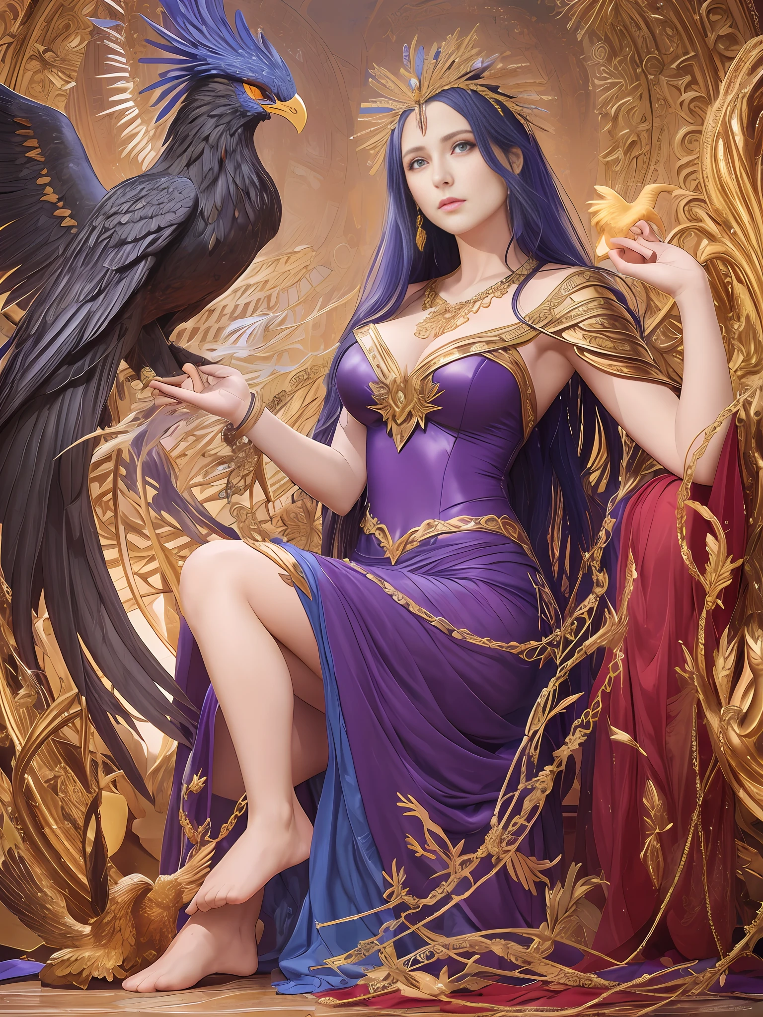 Medea with a Phoenix: Medea, the sorceress and tragic figure from Greek mythology, shares a bond with a resplendent Phoenix. The Phoenix serves as a symbol of rebirth and transformation, reflecting Medea's complex character and her ability to rise above her circumstances.