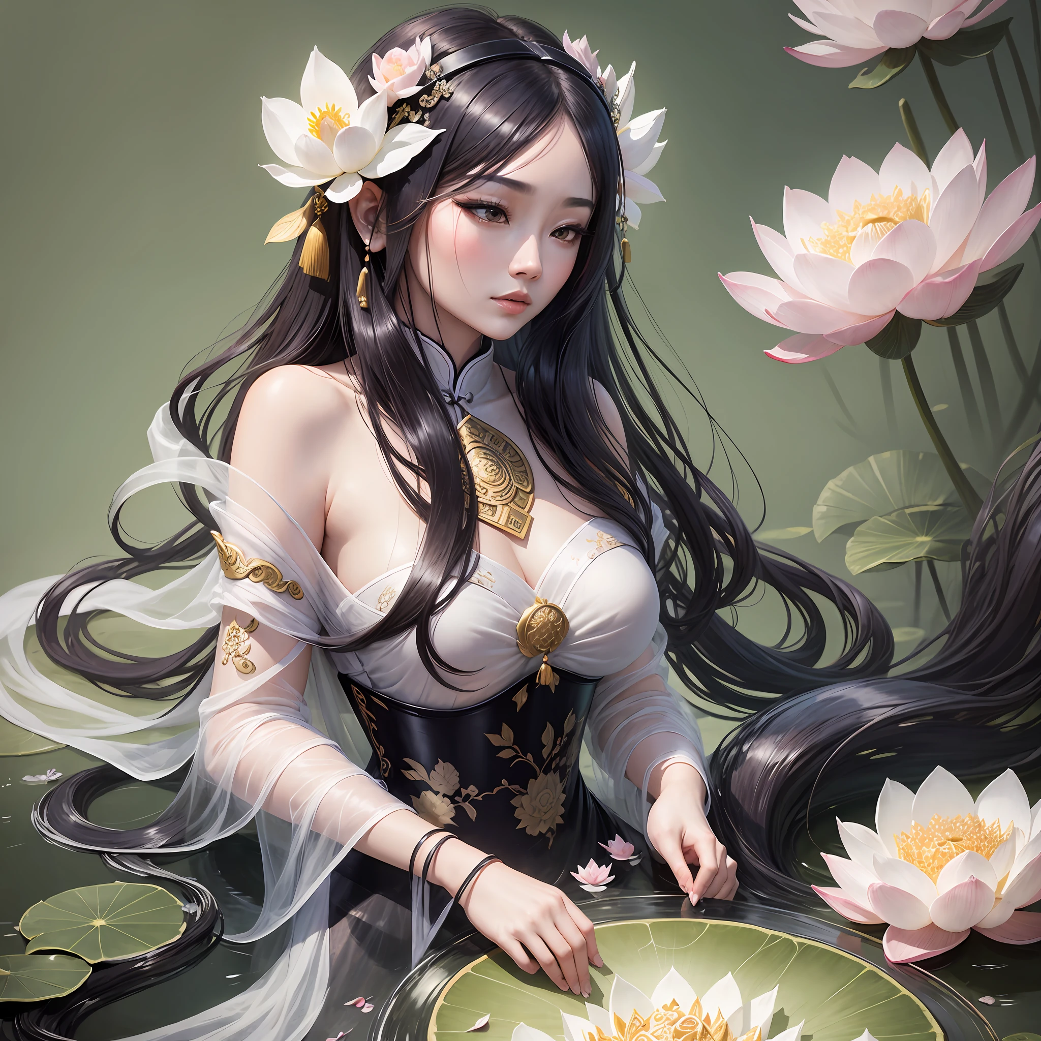 Ancient Chinese beauty sitting on stone, dressed in ancient Chinese clothing, flowing tulle, light silk, lazy pose, large lotus leaves, lotus flowers, ink painting style, clean colors, decisive cutting, white space, freehand, masterpiece, super detailed, epic composition, high quality, highest quality, quality, goddess --auto --s2