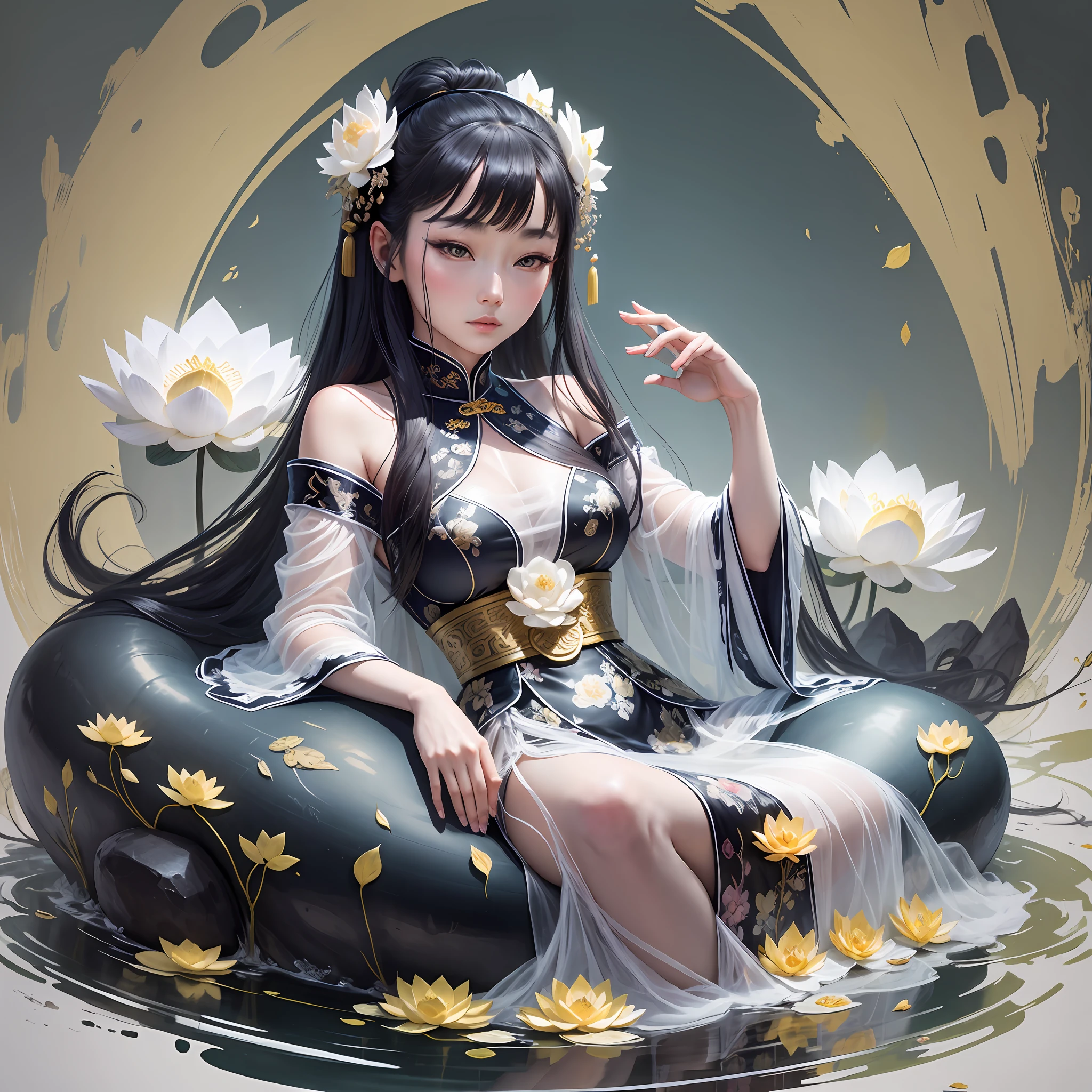 Ancient Chinese beauty sitting on stone, dressed in ancient Chinese clothing, flowing tulle, light silk, lazy pose, large lotus leaves, lotus flowers, ink painting style, clean colors, decisive cutting, white space, freehand, masterpiece, super detailed, epic composition, high quality, highest quality, quality, goddess --auto --s2