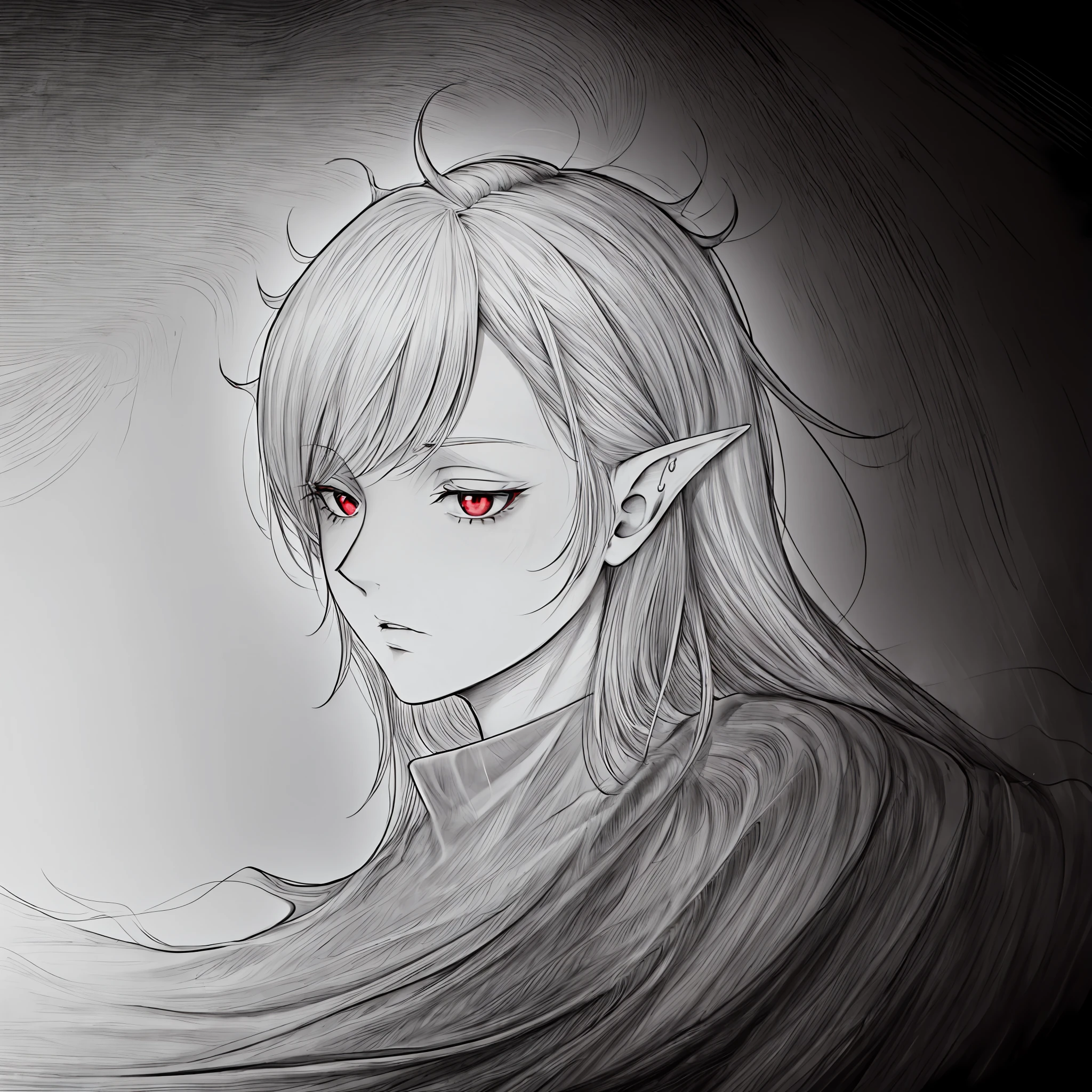 drawing of a girl with a red eye, simple lineart, lineart, pointed ears, perfect lineart, clean anime outlines, sharp lineart, clean lineart, pale pointed ears, line sketch, intense line art, thick lineart, delicate androgynous prince, with horns, line sketch!!, outline sketch, long pointy ears