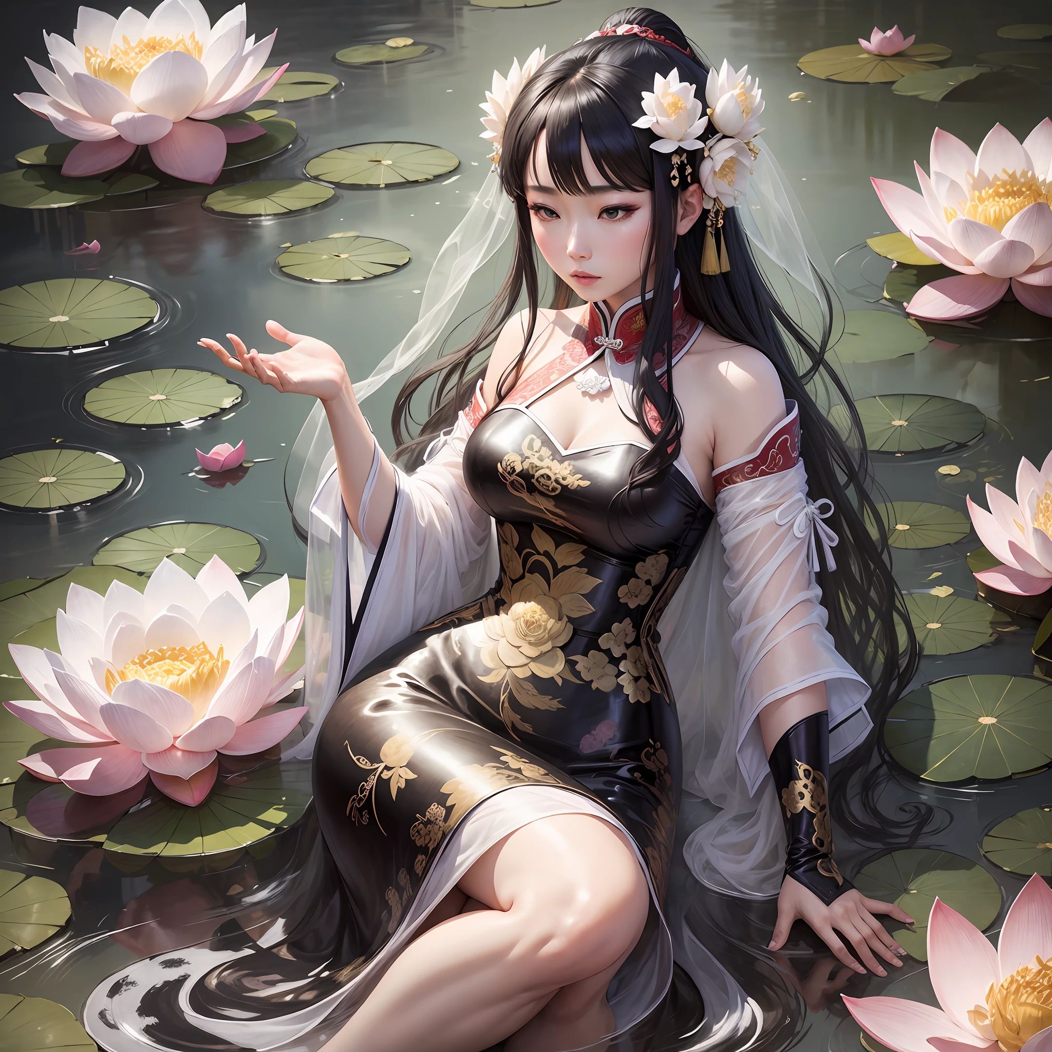 Ancient Chinese beauty sitting on stone, dressed in ancient Chinese clothing, flowing tulle, light silk, lazy pose, large lotus leaves, lotus flowers, ink painting style, clean colors, decisive cutting, white space, freehand, masterpiece, super detailed, epic composition, high quality, highest quality, quality, goddess --auto --s2