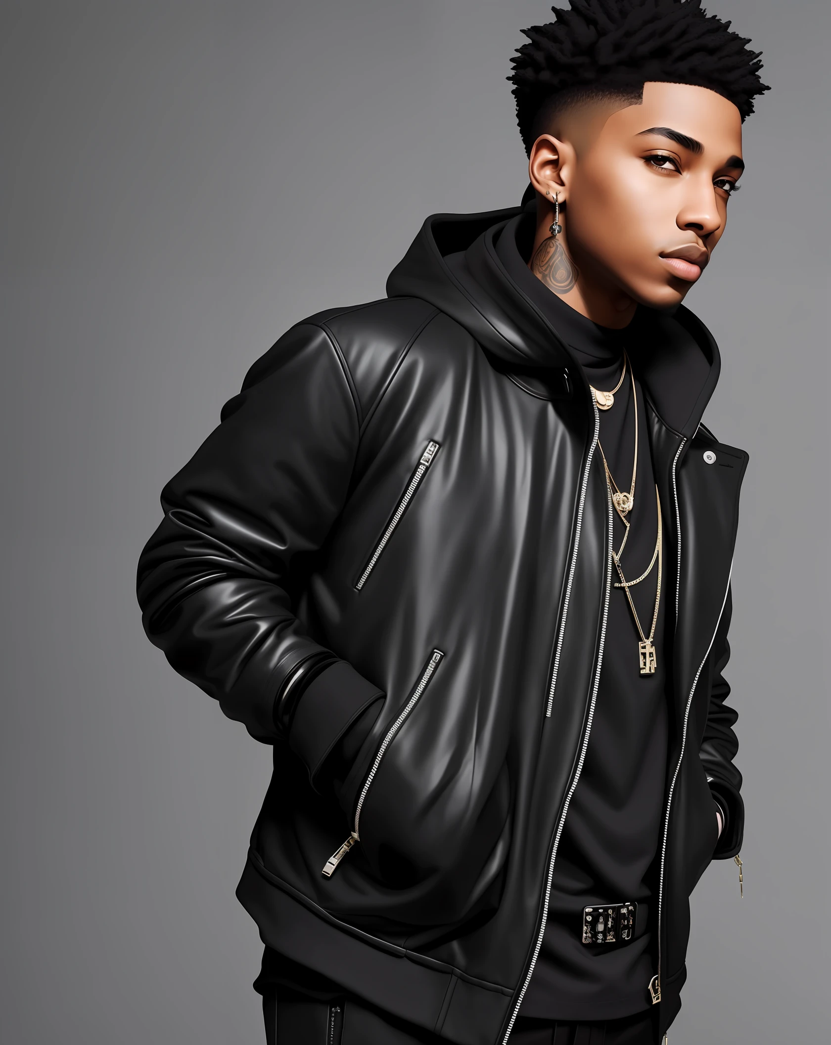 The AI creates a captivating portrait of a stylish, hip hop-inspired young man in cool black tones. It skillfully captures his confidence and urban flair, with meticulous attention to detail in his features, fashion, and expression. The artwork exudes an edgy atmosphere, celebrating individuality and style