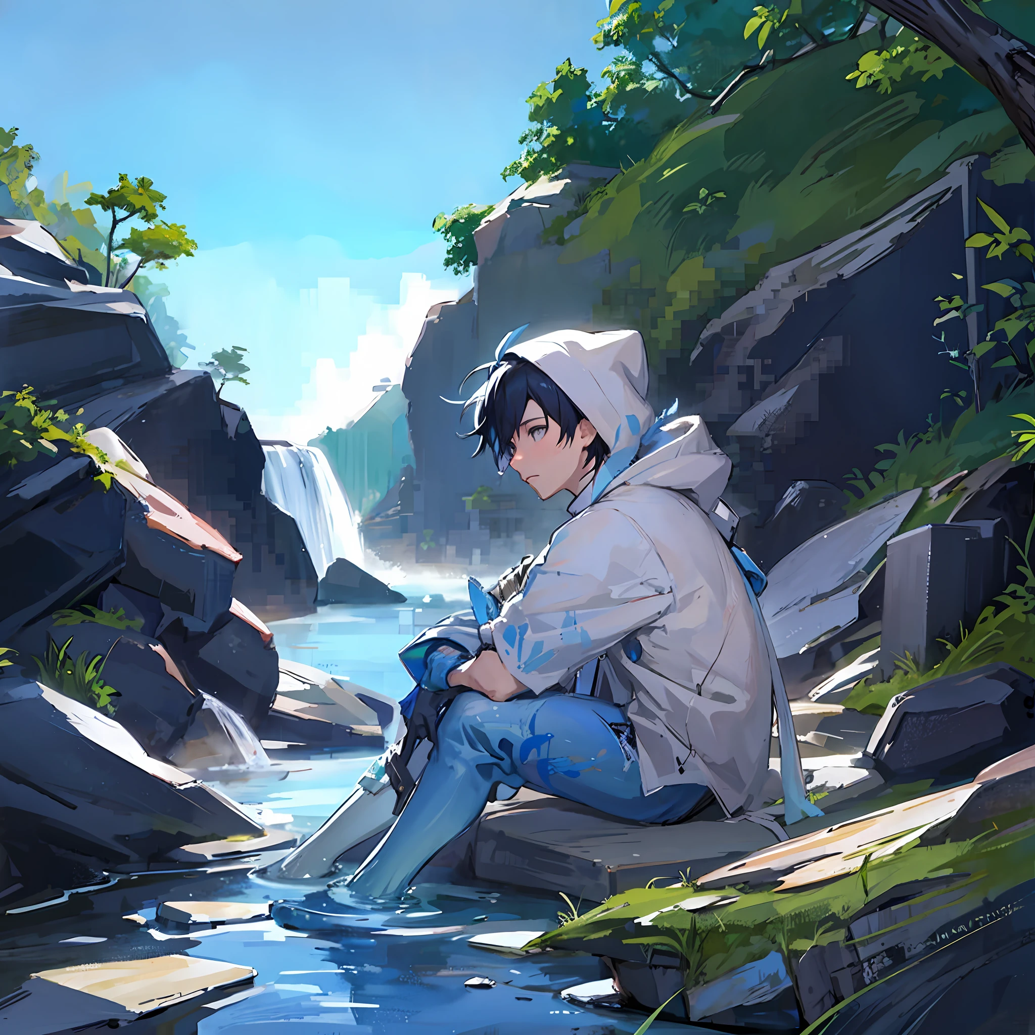 anime boy sitting on rocks by a river with a waterfall in the background, makoto shinkai ( apex legends ), artwork in the style of guweiz, makoto shinkai art style, high quality anime artstyle, makoto shinkai cyril rolando, makoto shinkai style, anime artstyle, guweiz, painted in anime painter studio