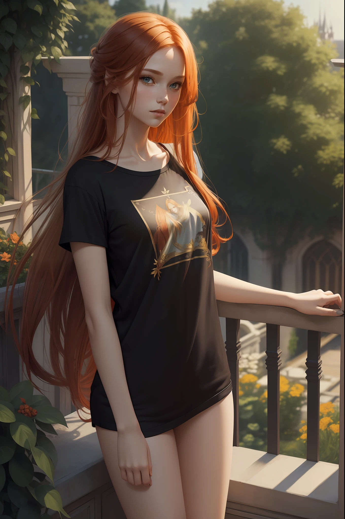 (Best quality, masterpiece, ArtStation, Fantasy Art:1.2), a beautiful cute girl standing in a garden balcony, (long messy ginger hair:1.1), (long black t-shirt, bare legs:1.2)