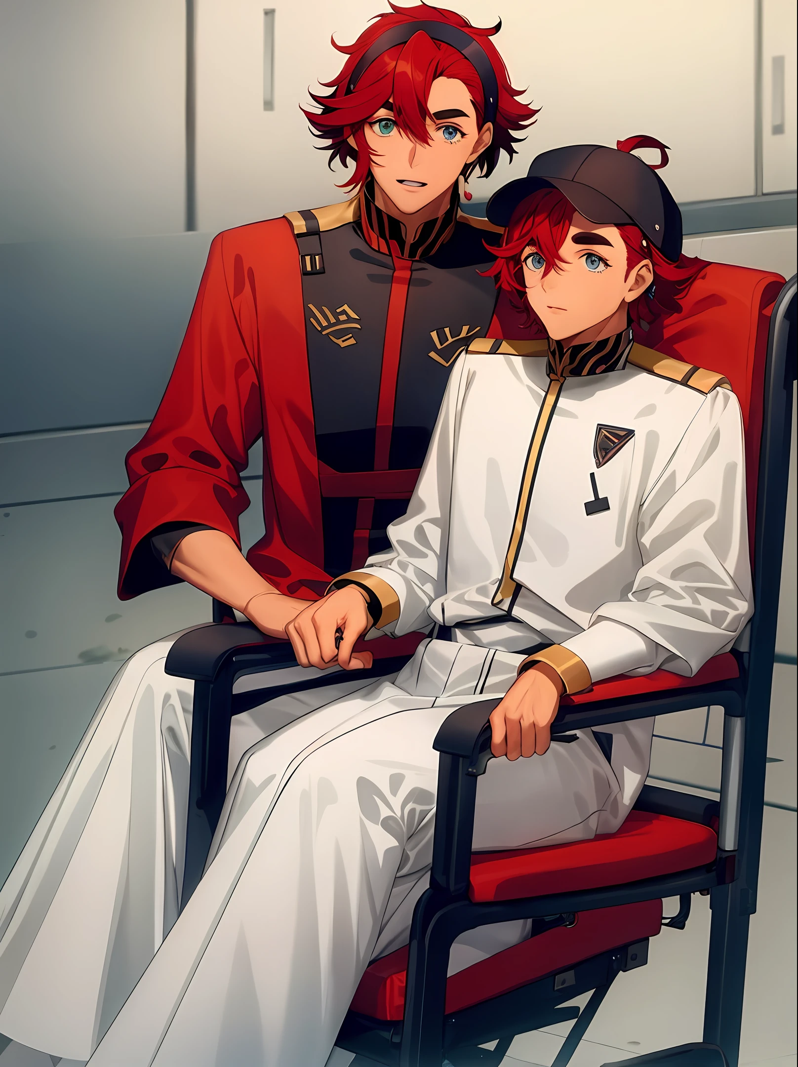 male rpg character, wheelchair user with red hair and a hat