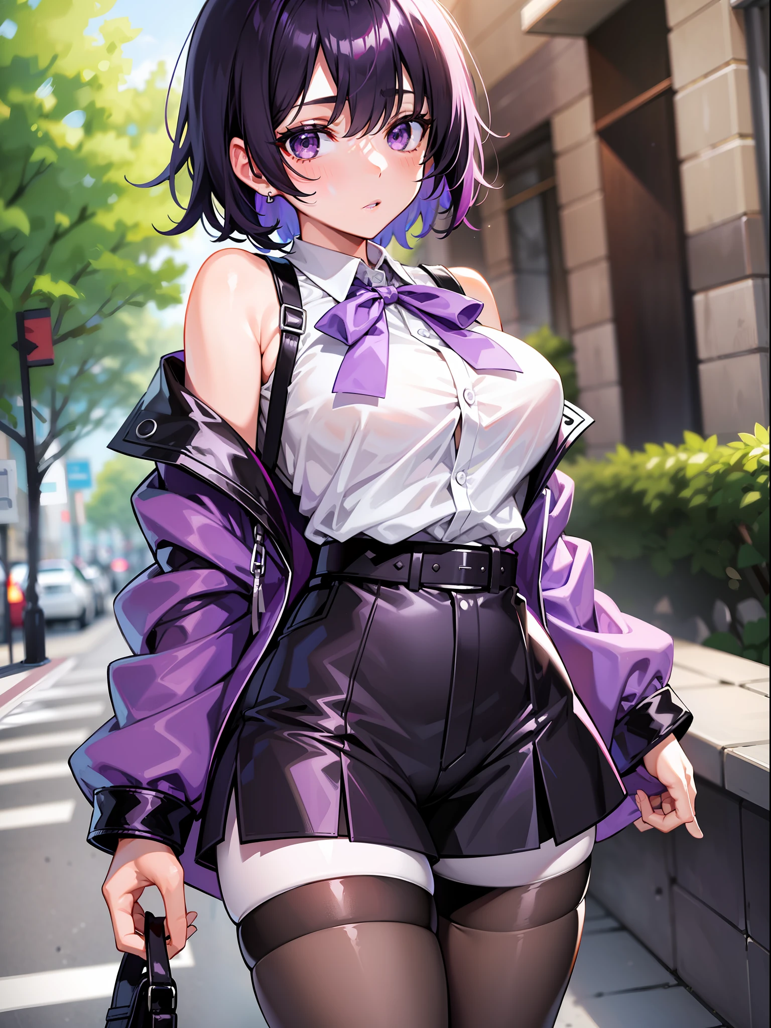 Black hair short, short purple clothes with white collar sleeves, purple shorts, white waist belt, color pantyhose, girl, outdoor
