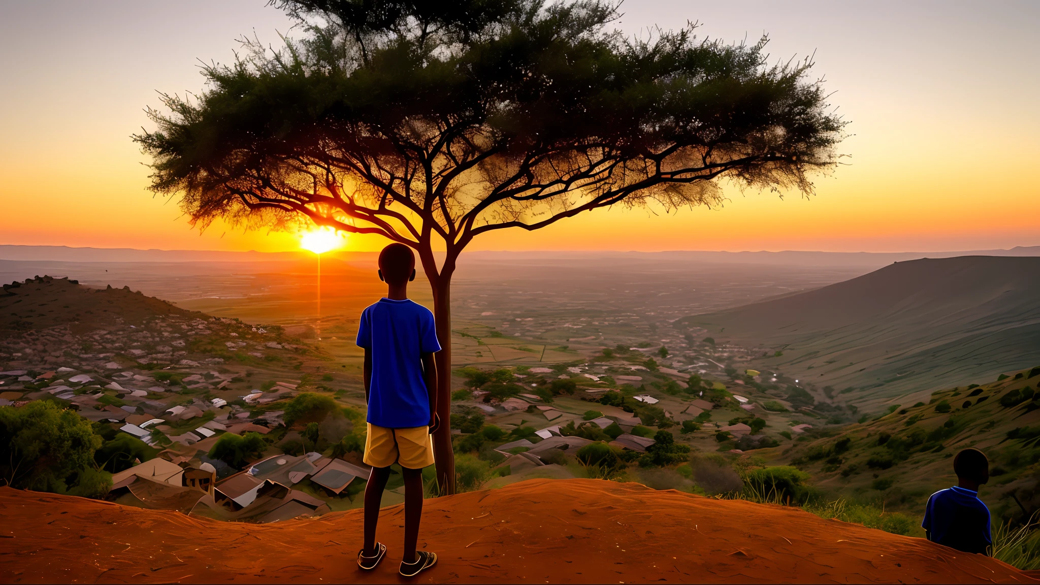 At a stunning sunset, the African boy stands still on a hill with stunning views of his village, while his friends appear blurry in the valley below, providing a sense of perspective and adventure. The boy in a front view