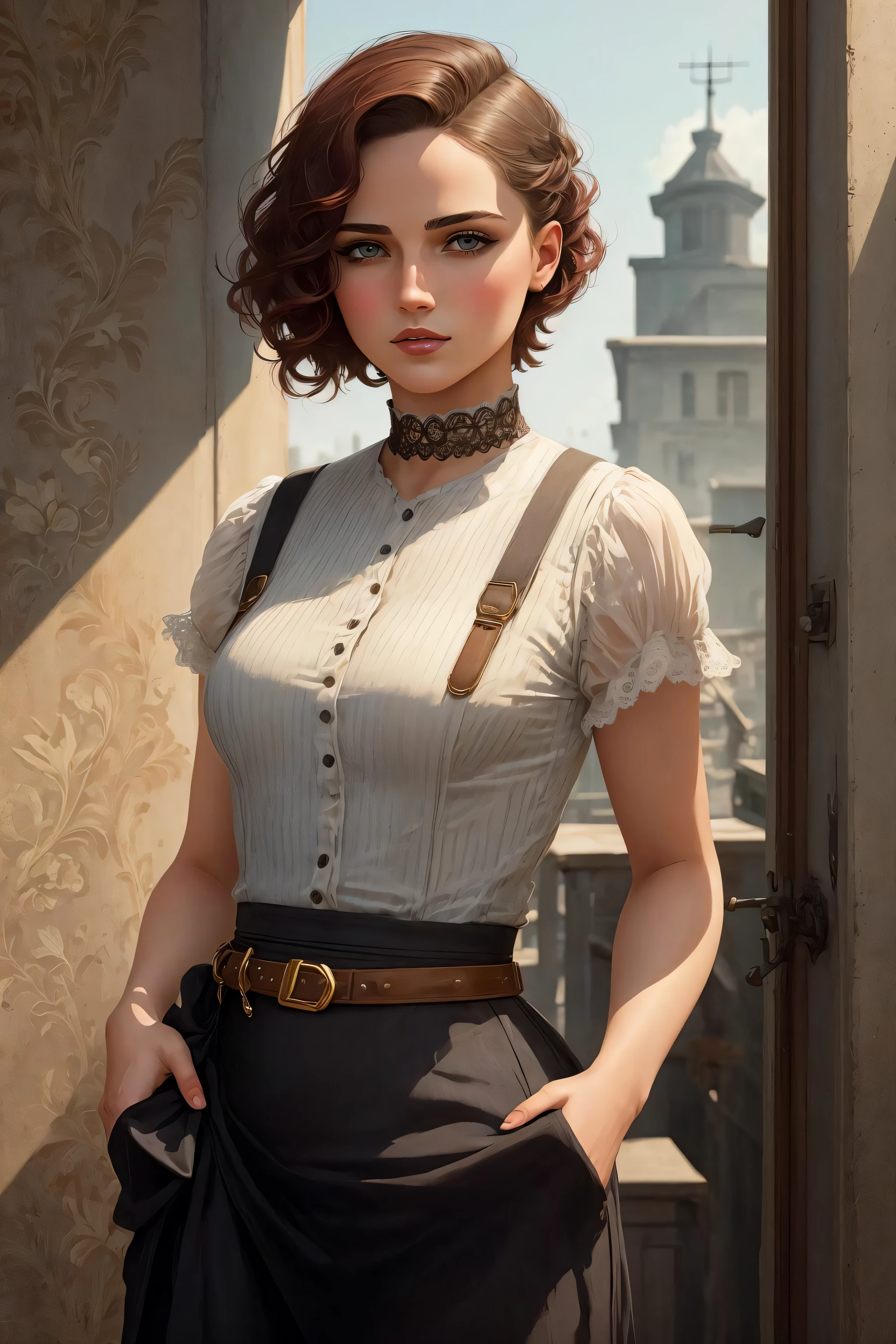 Generate ((best quality)), ((masterpiece)), image set in [1920], with [detailed linework], [dynamic shading], and [backlight]. The image portrays a young and alluring [british] [tomboy] who is a [hoodlum:1.2] and a [gangster]. The woman is dressed in [men cloths:1.2] a [grey tweed vest] with [suspenders] and equipped with [brass knuckles] showcasing the woman's rebellious nature and her association with the underworld. The setting is an [interwar] [1920 london] with visible [industrial] and [red brick] buildings.
Her features are highlighted with [detailed] attention, particularly her eyes adorned with [black wingded eyeliner] and [black smudged eyeshadow]. The woman has a [slim] physique, emphasizing her [tomboyish charm]. Her face is [flushed] [blushed]  and is defined with meticulous [shading], and her mouth is rendered with [high resolution]. Her hair is short with [shaved sides]
The image should convey a [high level of detail], capturing the [spirit of the era] and her personality. The overall composition should exude a sense of mystery and allure.