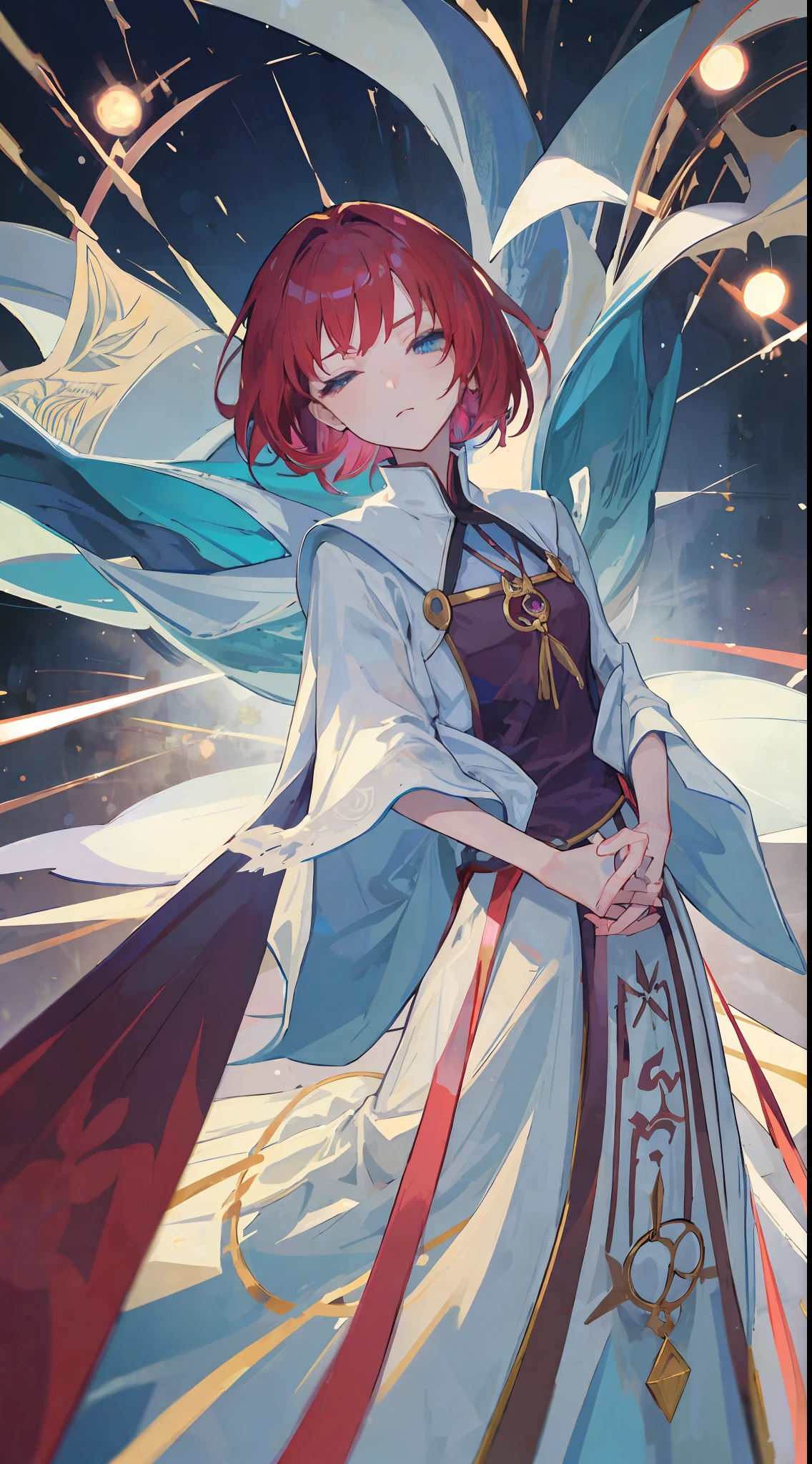 1Girl, purplish short red hair, sharp blue eyes, closed both eyes, hands closed as if praying, wears the clothes of a Saintess, make it like tarot anime-style but no frame