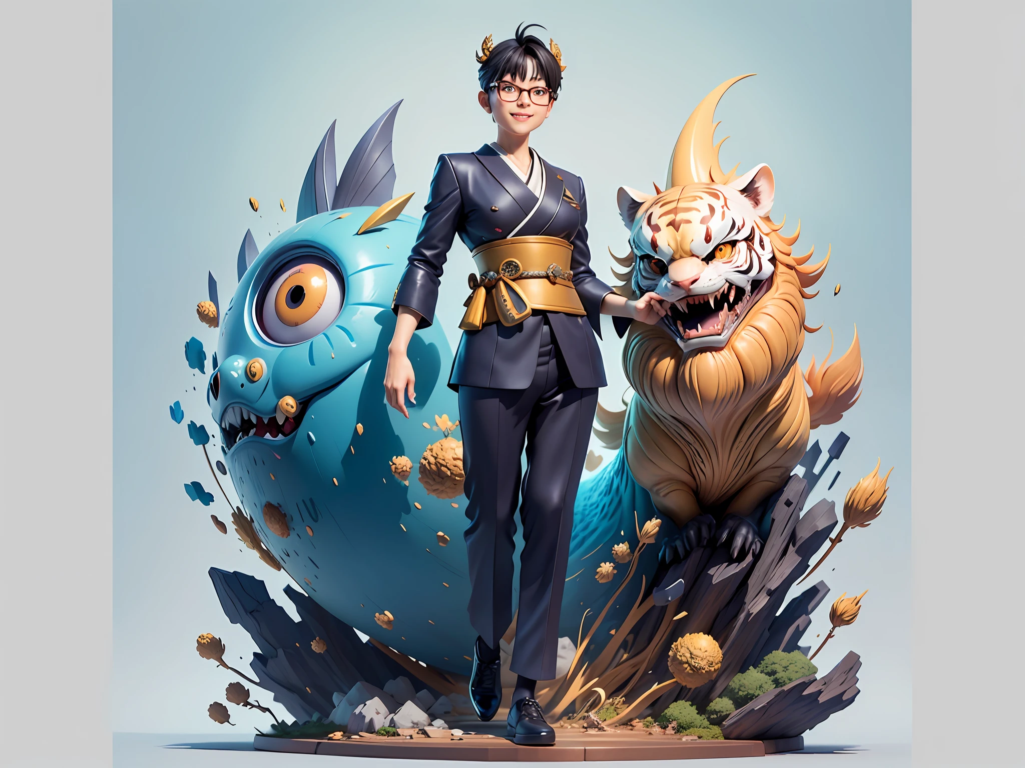(Masterpiece), (Excellent), (Super Meticulous), (Full Body: 1.2), Super Young Woman, Japanese Geisha, Beauty, Chinese Dragon, Tiger, Wind God Thor, Sexy, Bursting, Oriental Face, TV Anchor, Bust Portrait Illustration, Alone, Black Suit, Blue Tie, Slightly Chubby, Very Clean Face, Silver Glasses, Black Super Short Hair, Black Eyes, Confident Smile, 3c Computer Sub-Products, iPad, iPhone, Digital Painting, 3D character design by Mark Clairedon and Pixar and Hayao Miyazaki and Akira Toriyama, the illustrations are HD illustrations in 4K resolution with highly detailed facial features and cartoon-style visuals.