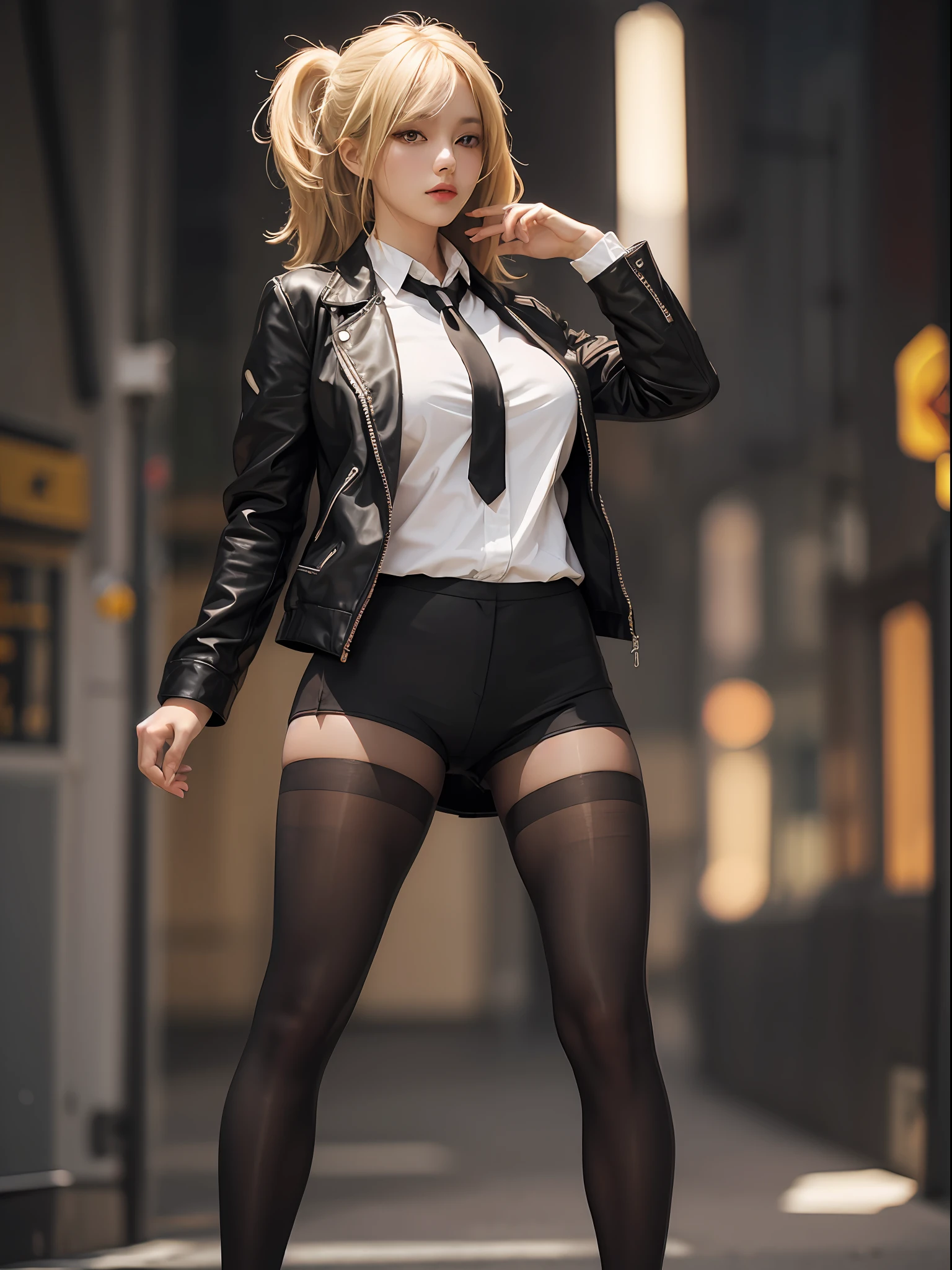 Full body, best quality, ultra high resolution, (realistic:1.4), 1 girl, fashion, white collar shirt, black shorts, blonde hair, black jacket, (black tights:1), (black pantyhose: 1.4),