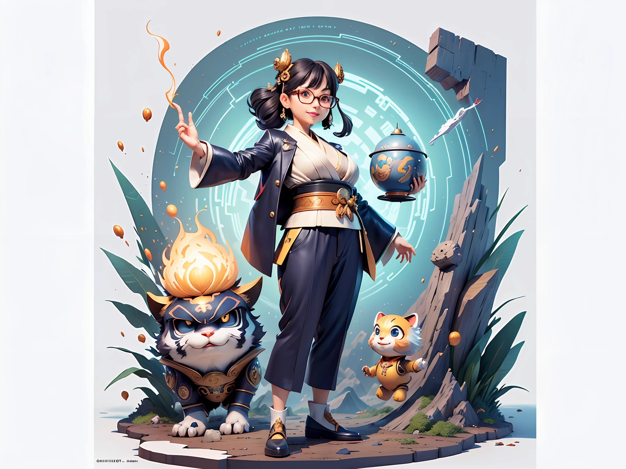 (Masterpiece), (Excellent), (Super Meticulous), (Full Body: 1.2), Super Young Woman, Japanese Geisha, Beauty, Chinese Dragon, Tiger, Wind God Thor, Sexy, Bursting, Oriental Face, TV Anchor, Bust Portrait Illustration, Alone, Black Suit, Blue Tie, Slightly Chubby, Very Clean Face, Silver Glasses, Black Super Short Hair, Black Eyes, Confident Smile, 3c Computer Sub-Products, iPad, iPhone, Digital Painting, 3D character design by Mark Clairedon and Pixar and Hayao Miyazaki and Akira Toriyama, the illustrations are HD illustrations in 4K resolution with highly detailed facial features and cartoon-style visuals.