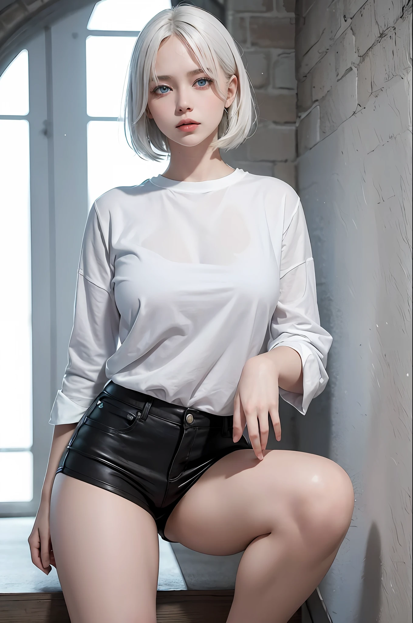 photorealistic, high resolution, 1 girl, white hair, blue eyes, loose white shirt, tight black shorts, thick thighs