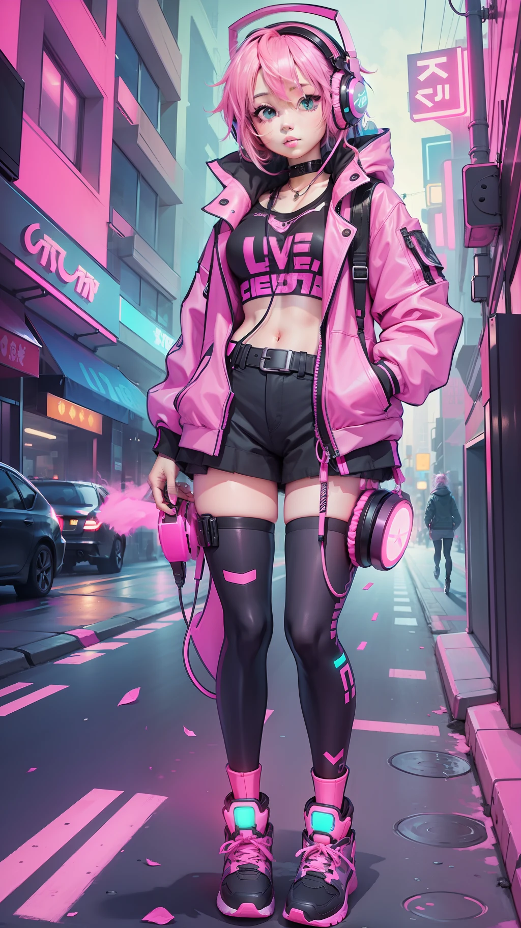 Neon Street Female 1 Person Pink Hair Full Shot Rough Headphones Full Body