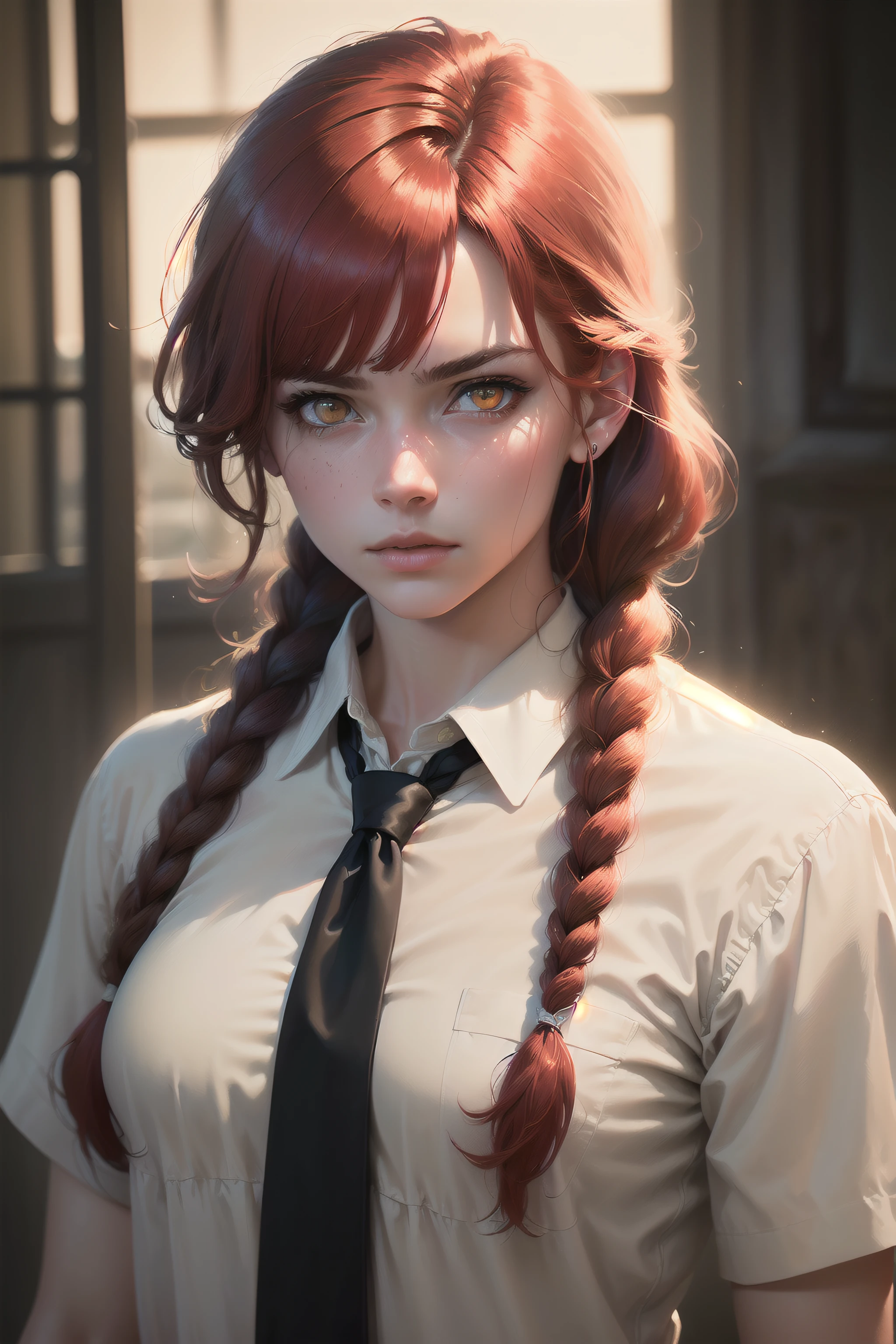 masterpiece, (photorealistic:1.4), best quality, beautiful lighting, , makima \(chainsaw man\), (red hair)+(long braided hair)+(bangs), yellow eyes, golden eyes, (ringed eyes), (white shirt), (necktie), RAW photo, 8k uhd, film grain