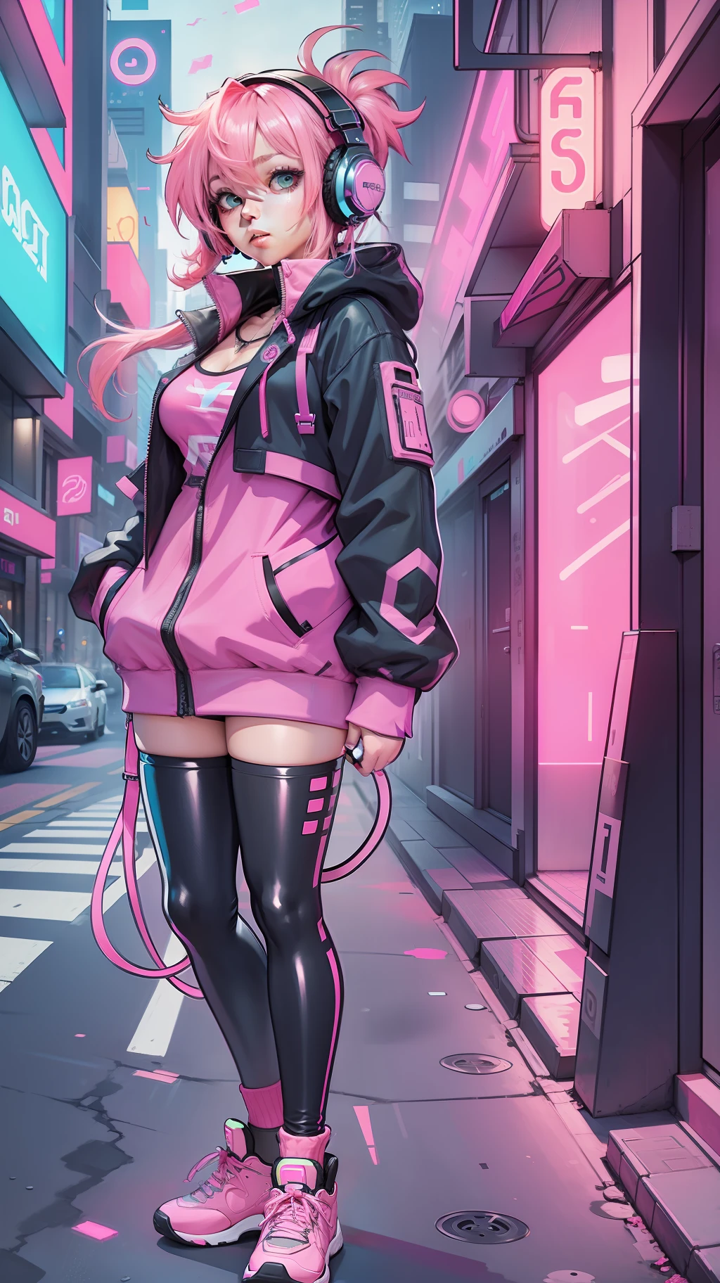 Neon Street Female 1 Person Pink Hair Full Shot Rough Headphones Full Body