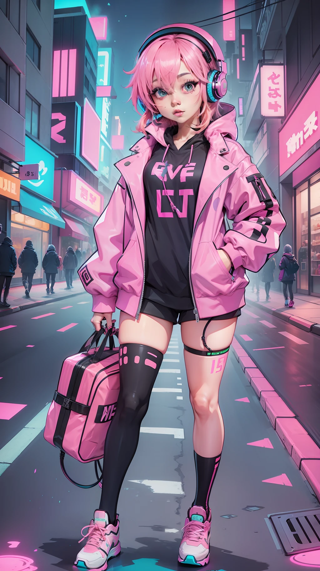 Neon Street Female 1 Person Pink Hair Full Shot Rough Headphones Full Body