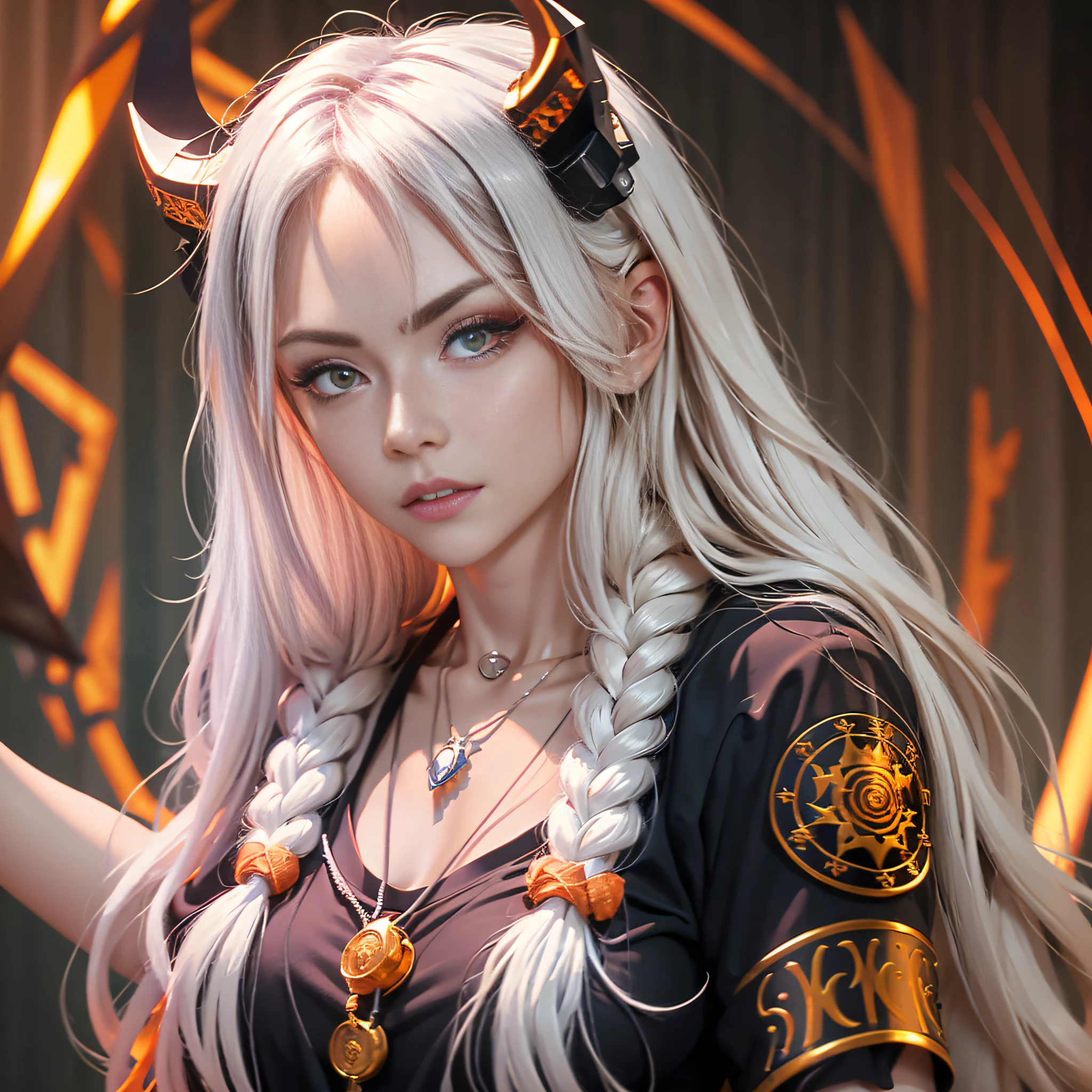 Adult female, long hair, shirt, golden eyes, vertical pupils, magic, tattoos, dragon horns, epic reality, necklace, (extreme detail CG Unity 8K wallpaper, masterpiece, highest quality), ray tracing, reflective glow white: 1.5, textured glossy orange: 1.3, overlook