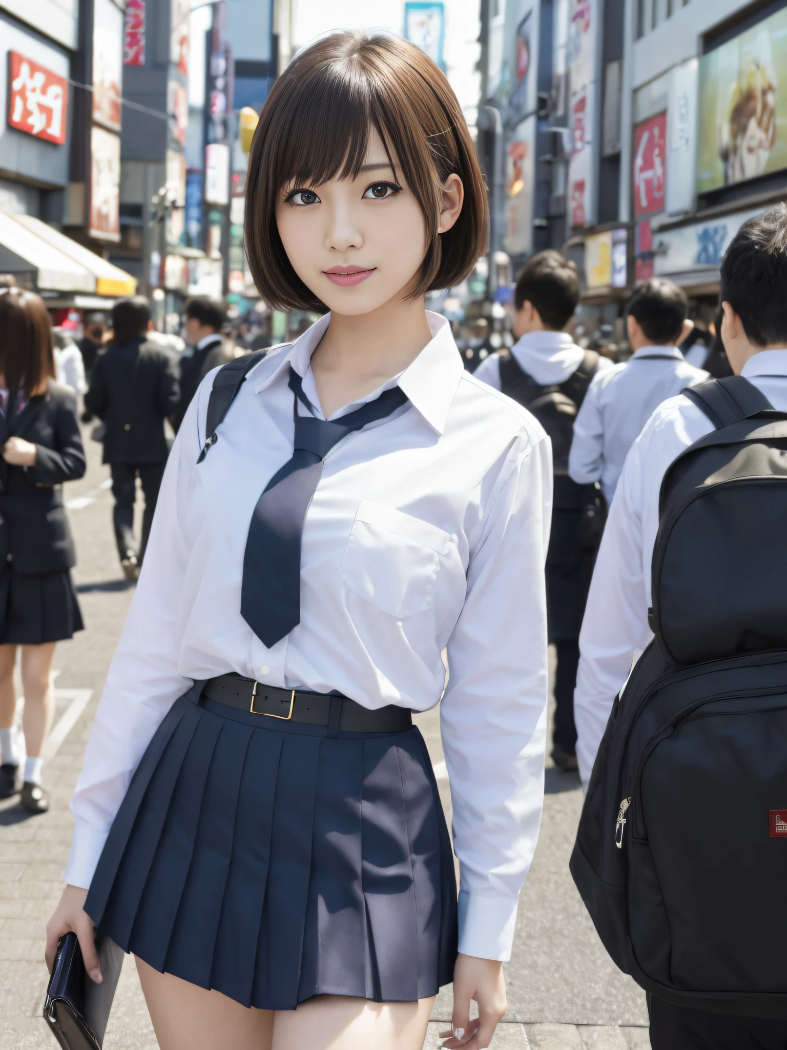 Ultra top quality, masterpiece, ultra high resolution, (photorealistic: 1.4), highly detailed CG Unity 8k wallpaper, detailed and complex, incredibly absurd, original, high resolution, raw photo, (perfect body shape), finely complex, dslr, soft lighting, high quality, film grain, depth of field, background blur, Leica camera, 50mm lens, backlight, HDR, Hyperrealistic, Color Grade, Dynamic Pose, Portrait, Japan Person, Smile, Lips, Bangs, (Crowded Akihabara: 1.2), Short Hair, Front View Viewer, Natural Light, Girl, 20 Years Old, Full Body, Solo, Student, High School, Uniform, Cute High School Girl, Bobby Socks, Skirt, Daytime, On the Street, Deep Shadow, Cute, Beauty, Unobtrusive, Cold Light 12000K \ \ Street, Shop Frontier, Akihabara, Shinjuku, Shibuya, Ikebukuro, Detailed Realistic, Skin Texture, Super Detailed, Realistic Skin Texture, (dramatic, award-winning photos, incredible masterpiece: 1.3)