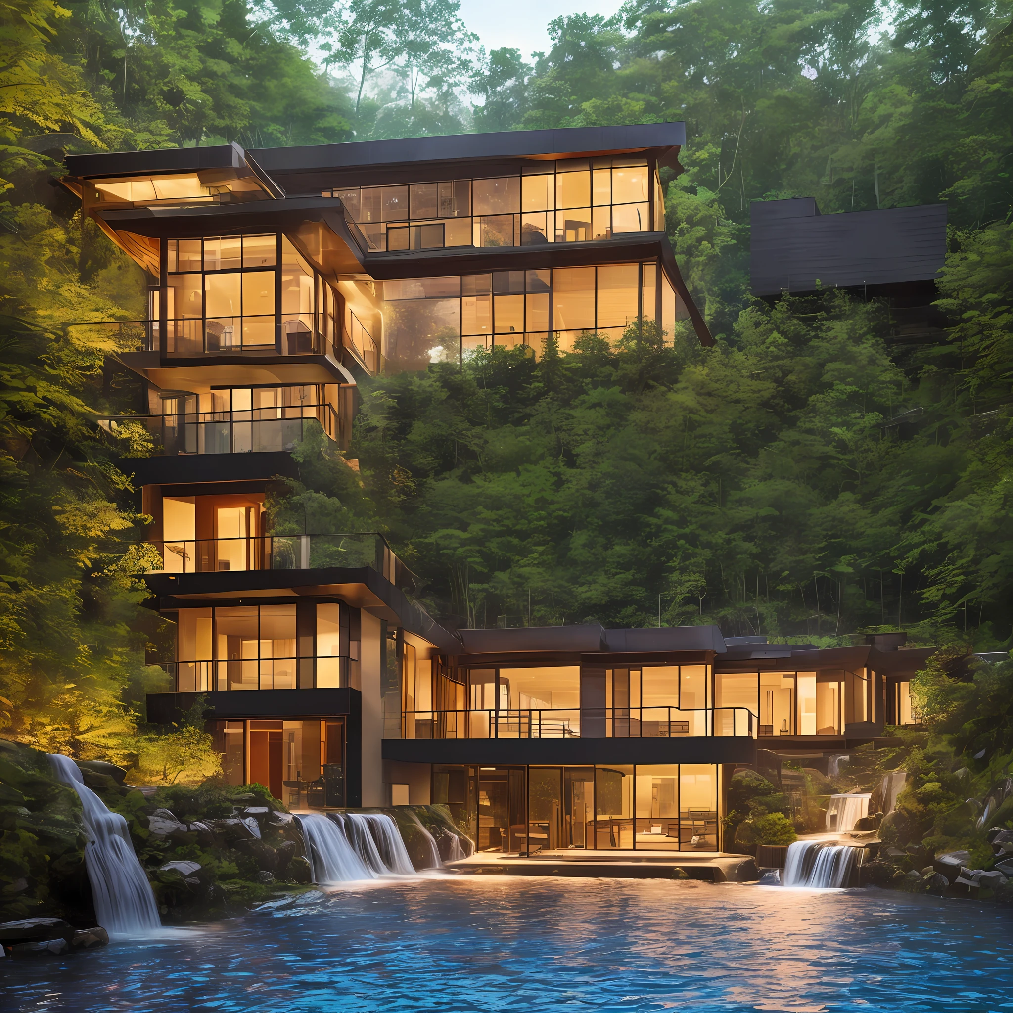 Waterfall house, with the river passing between it and the waterfall falling into the pool, day +++, Dark light +, red sky +++, Dense forest +++